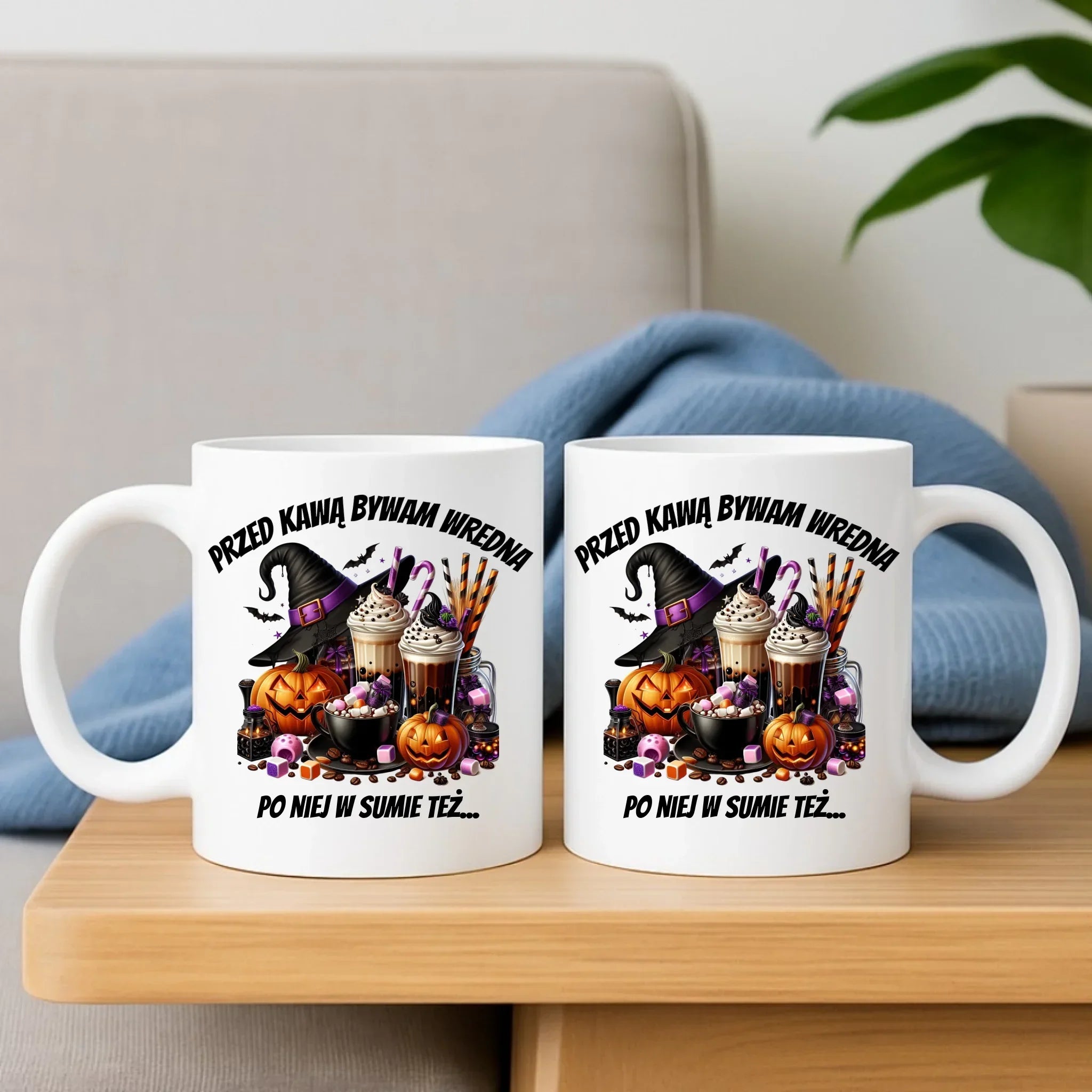 Zestaw poduszka i kubek Halloween – Przed kawą bywam wredna, po niej w sumie też HL30 - StoryCups.pl