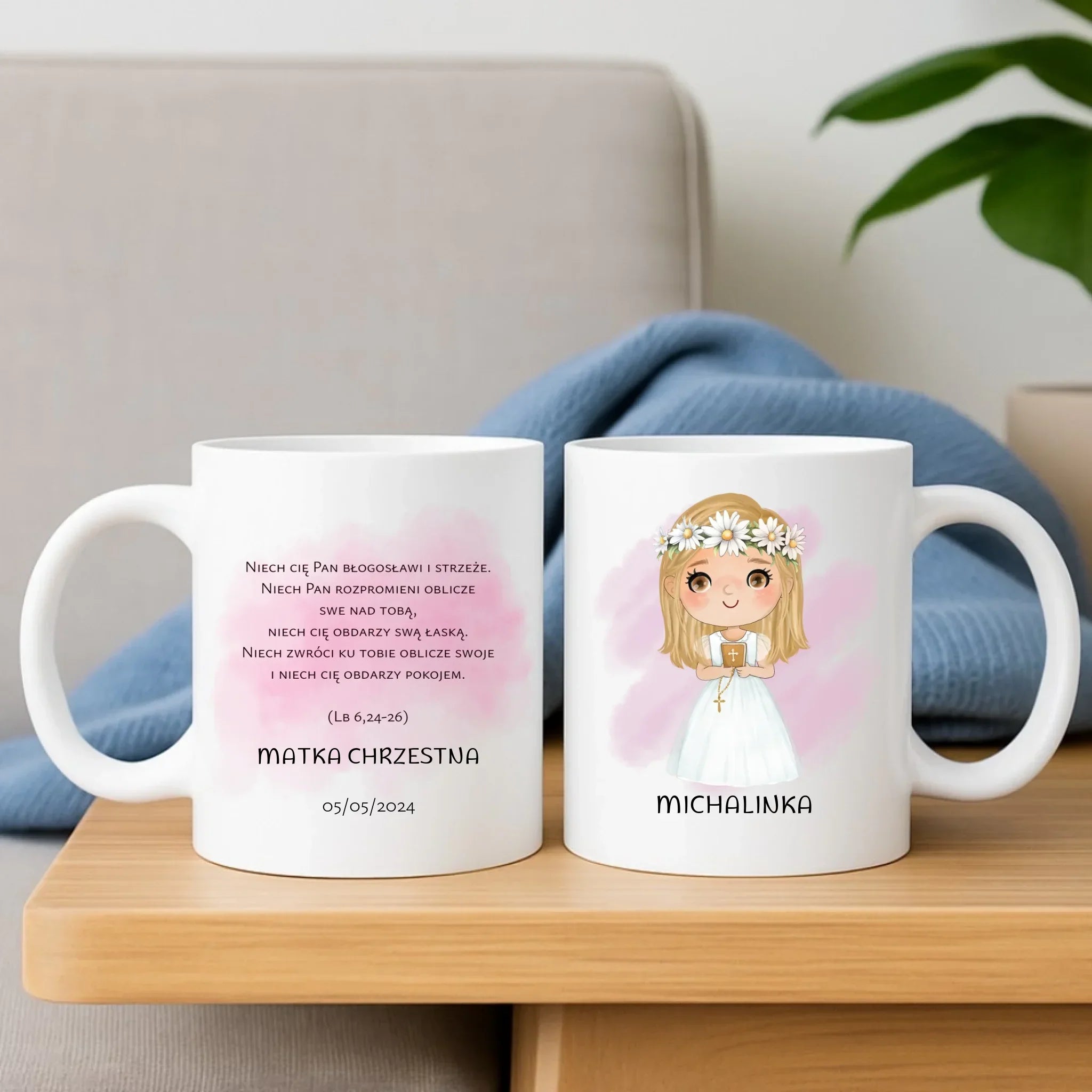 Zestaw poduszka i kubek Pierwsza Komunia Święta dla dziewczynki personalizacja cytat PK04 - StoryCups.pl