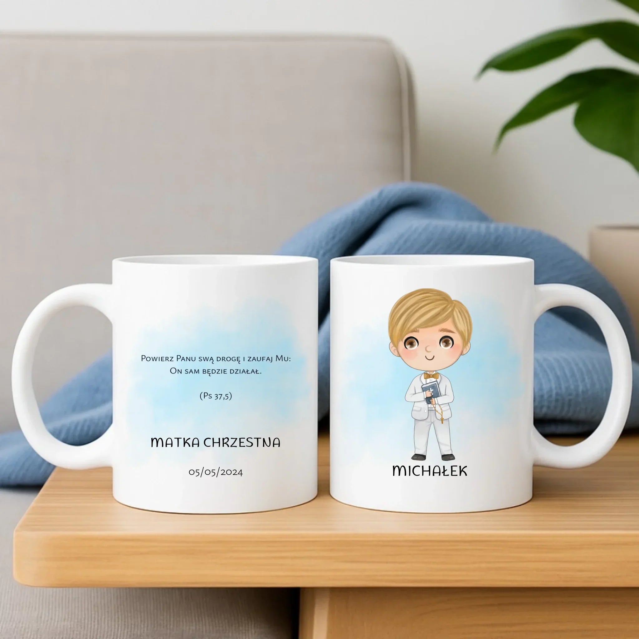 Zestaw poduszka i kubek Pierwsza Komunia Święta dla chłopca personalizacja cytat PK05 - StoryCups.pl