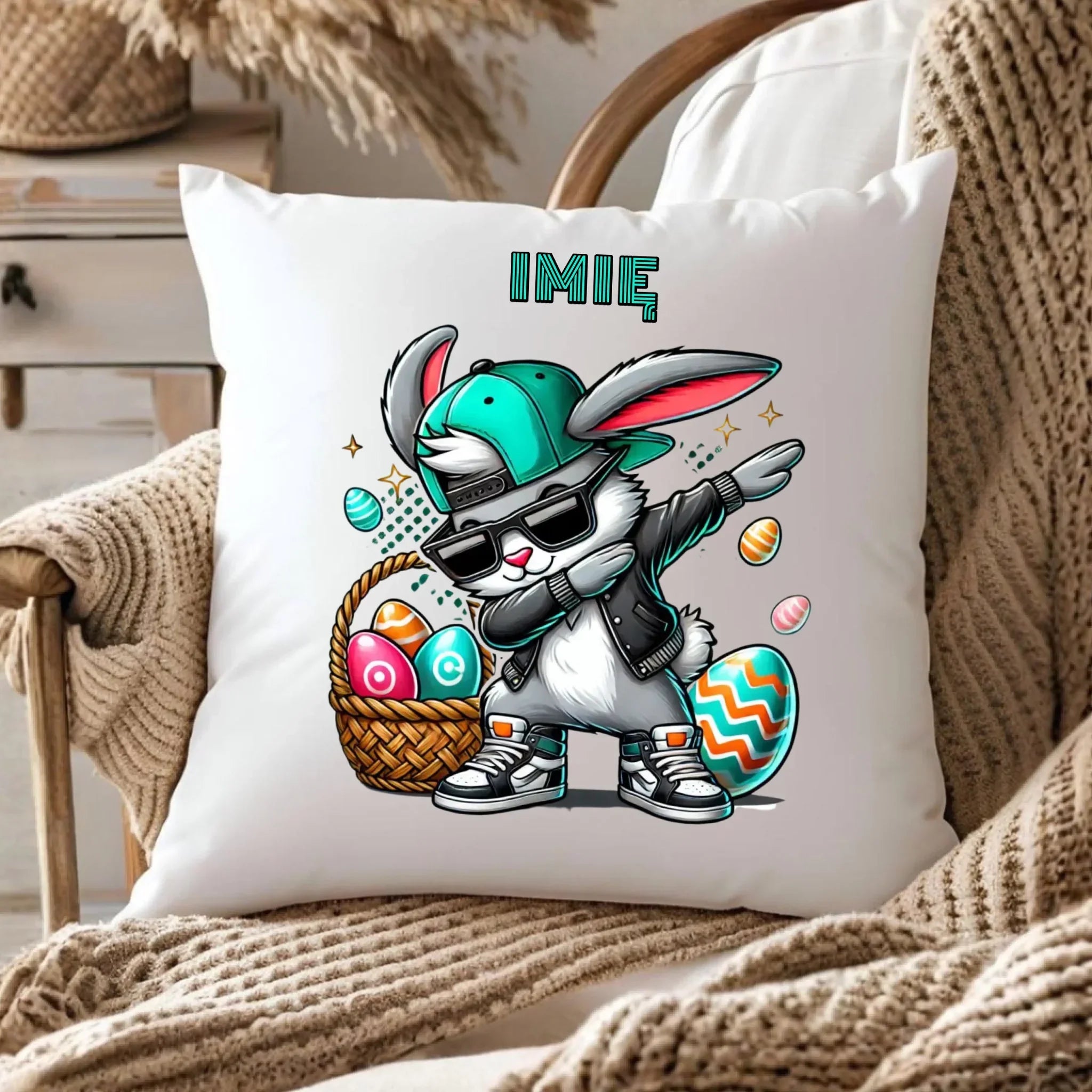 Poduszka na Wielkanoc - Zajączek Dab dance - personalizowana WN09 - StoryCups.pl