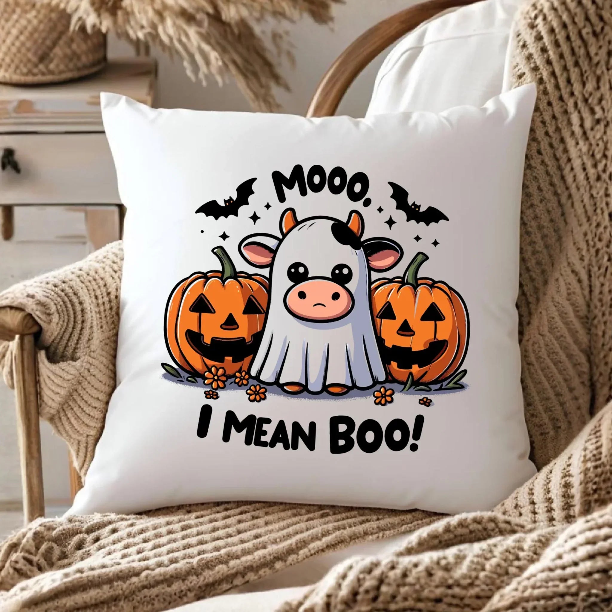 Poduszka na Halloween - Mooo I mean Boo! - z dynią i duchem HL14 - StoryCups.pl