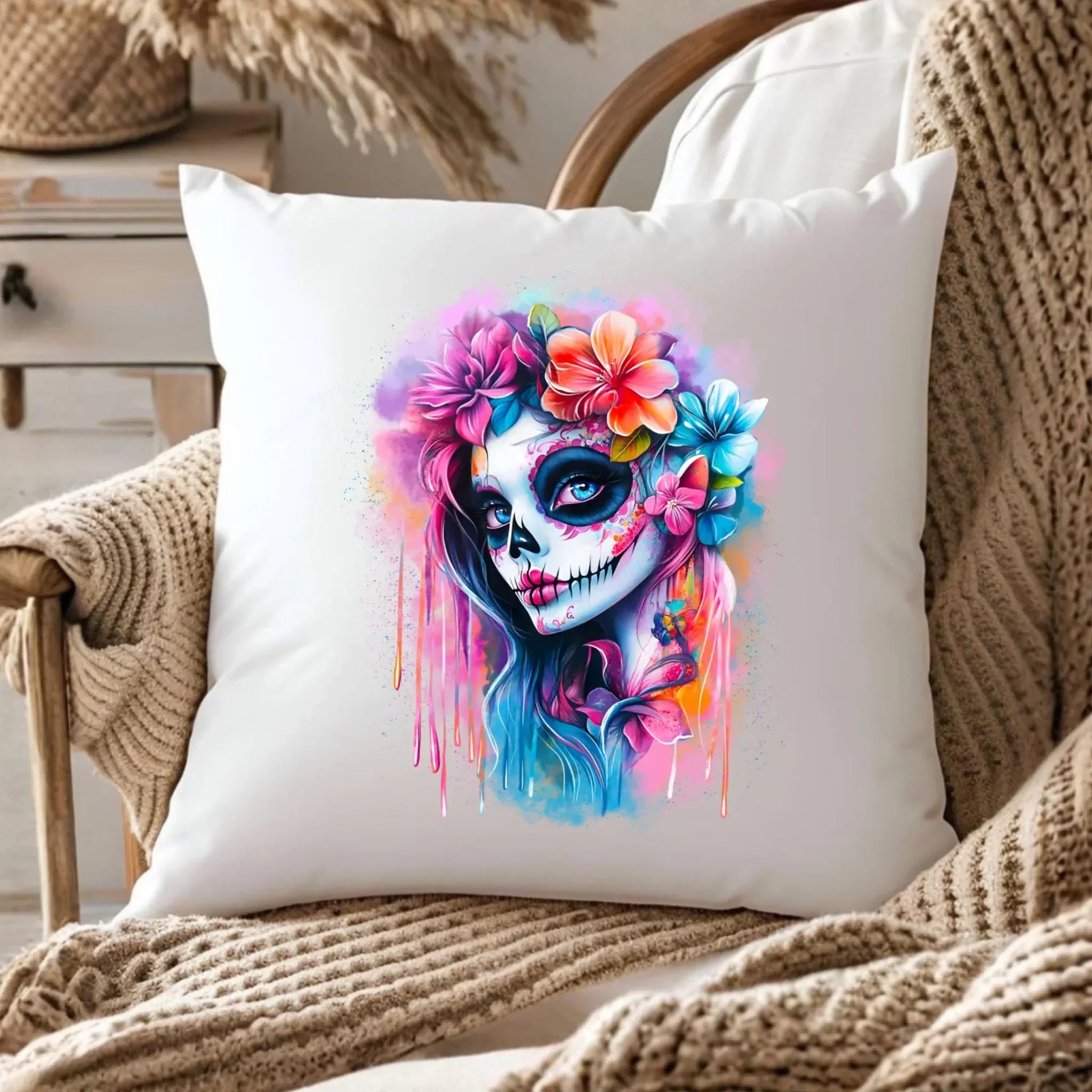 Poduszka Halloween - kolorowa czaszka z kwiatami La Muerte HL05 - StoryCups.pl