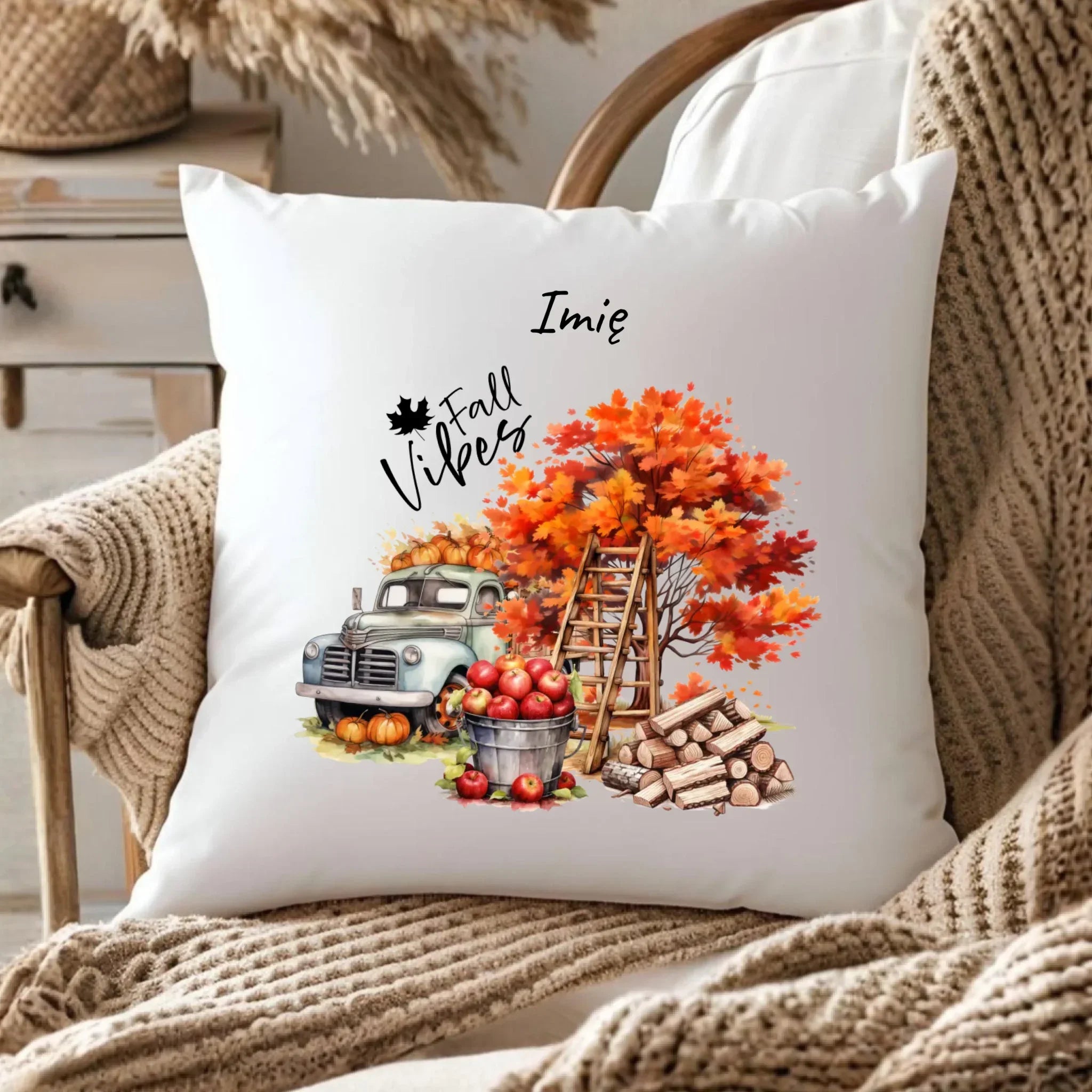 Poduszka jesienna – Vintage auto dynie i jabłka – personalizowana JS07 - StoryCups.pl