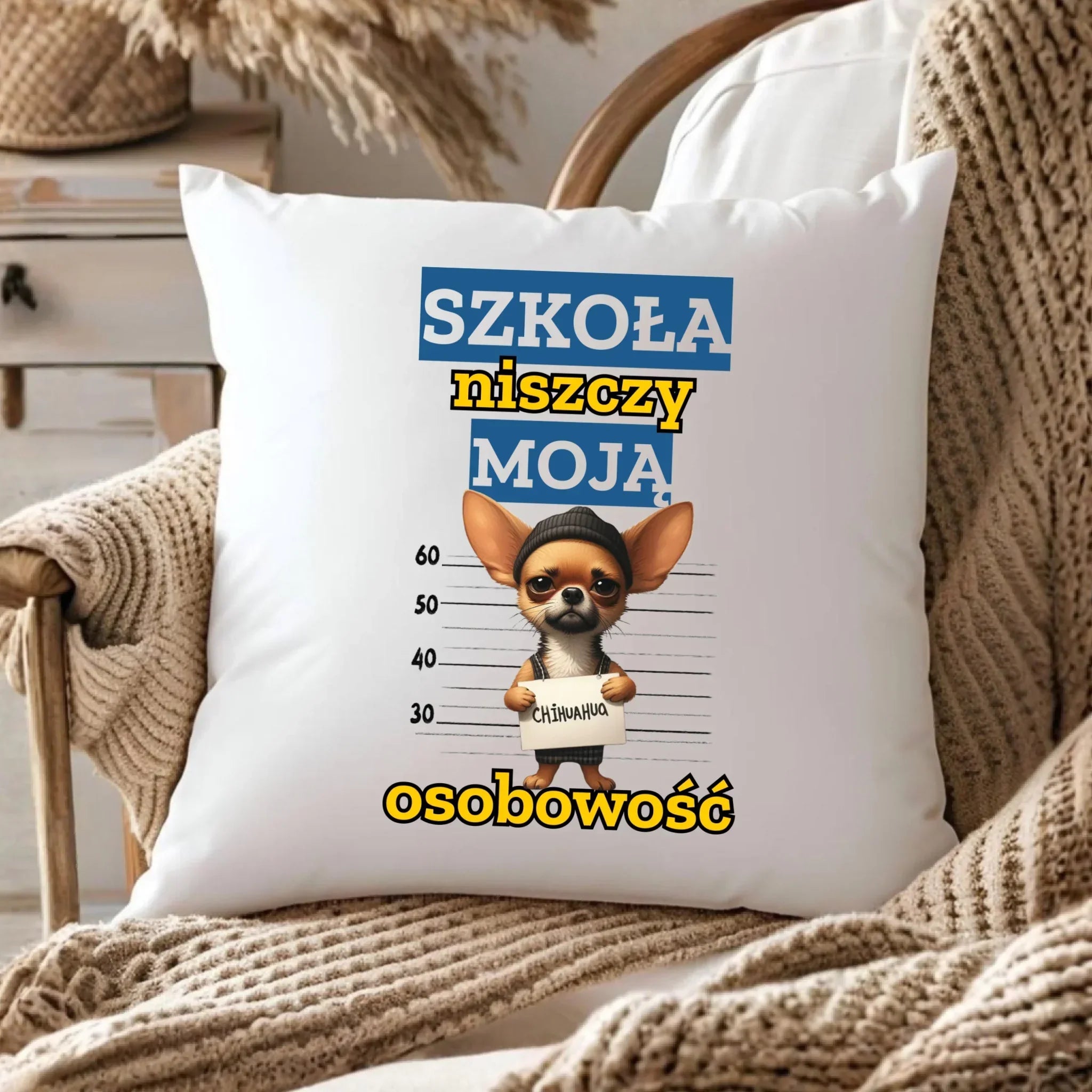 Poduszka szkolna - Szkoła niszczy moją osobowość - Chihuahua SZ19 - StoryCups.pl