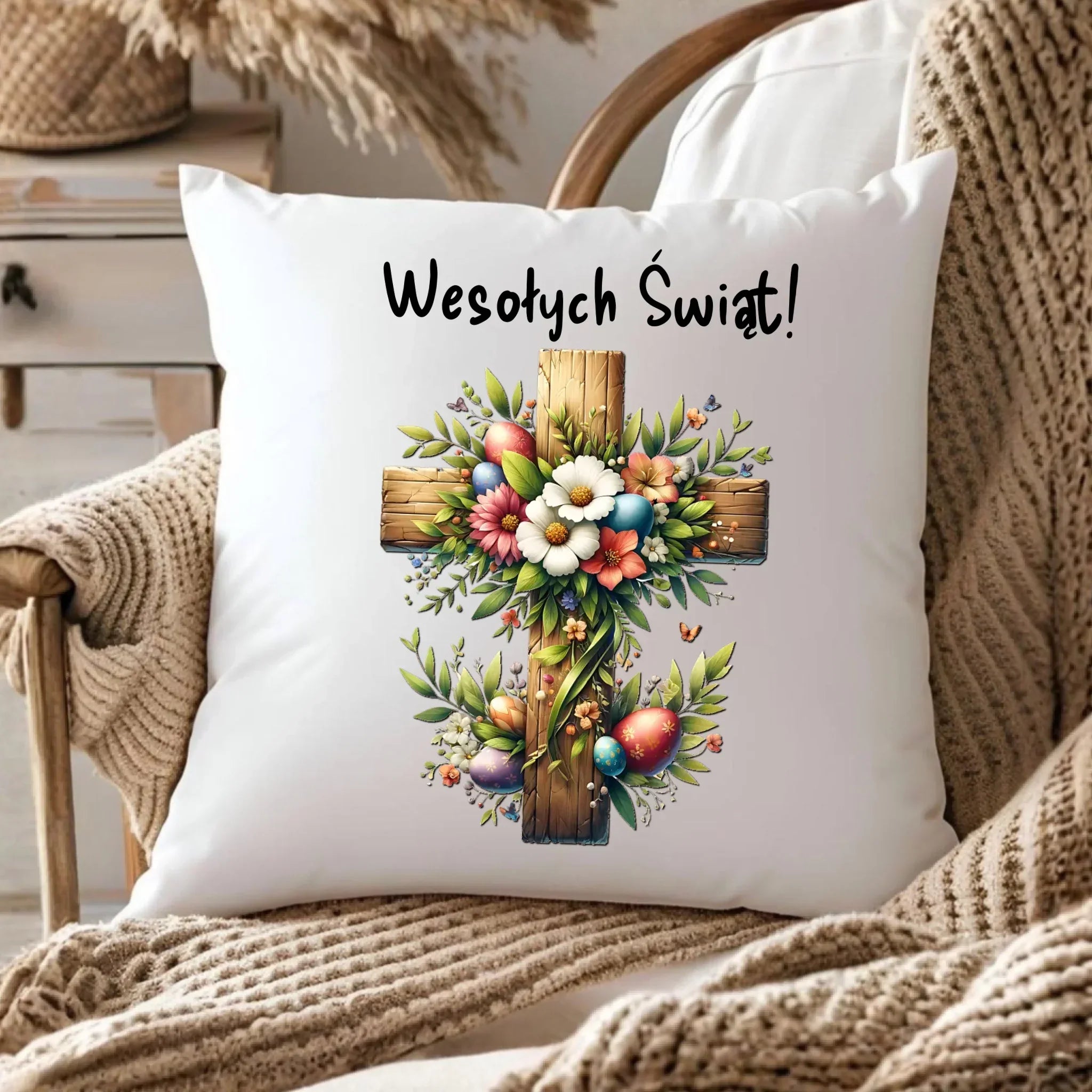 Poduszka na Wielkanoc - Krzyż z kwiatami Wesołych Świąt WN02 - StoryCups.pl