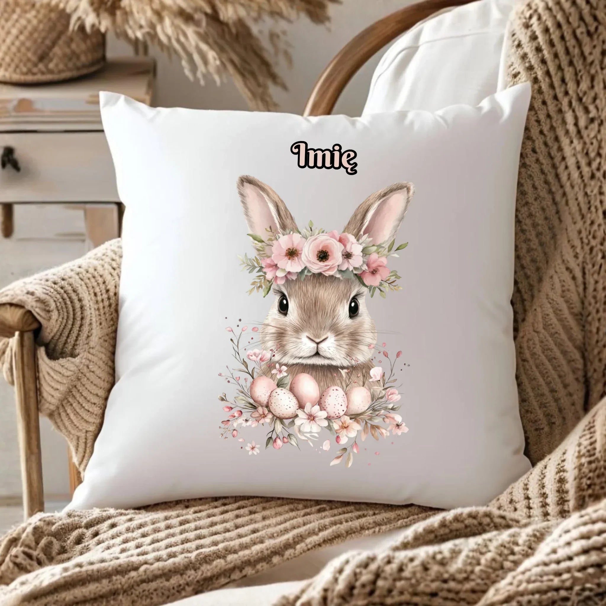 Poduszka dekoracyjna na Wielkanoc - Zajączek Boho - personalizowana WN05 - StoryCups.pl