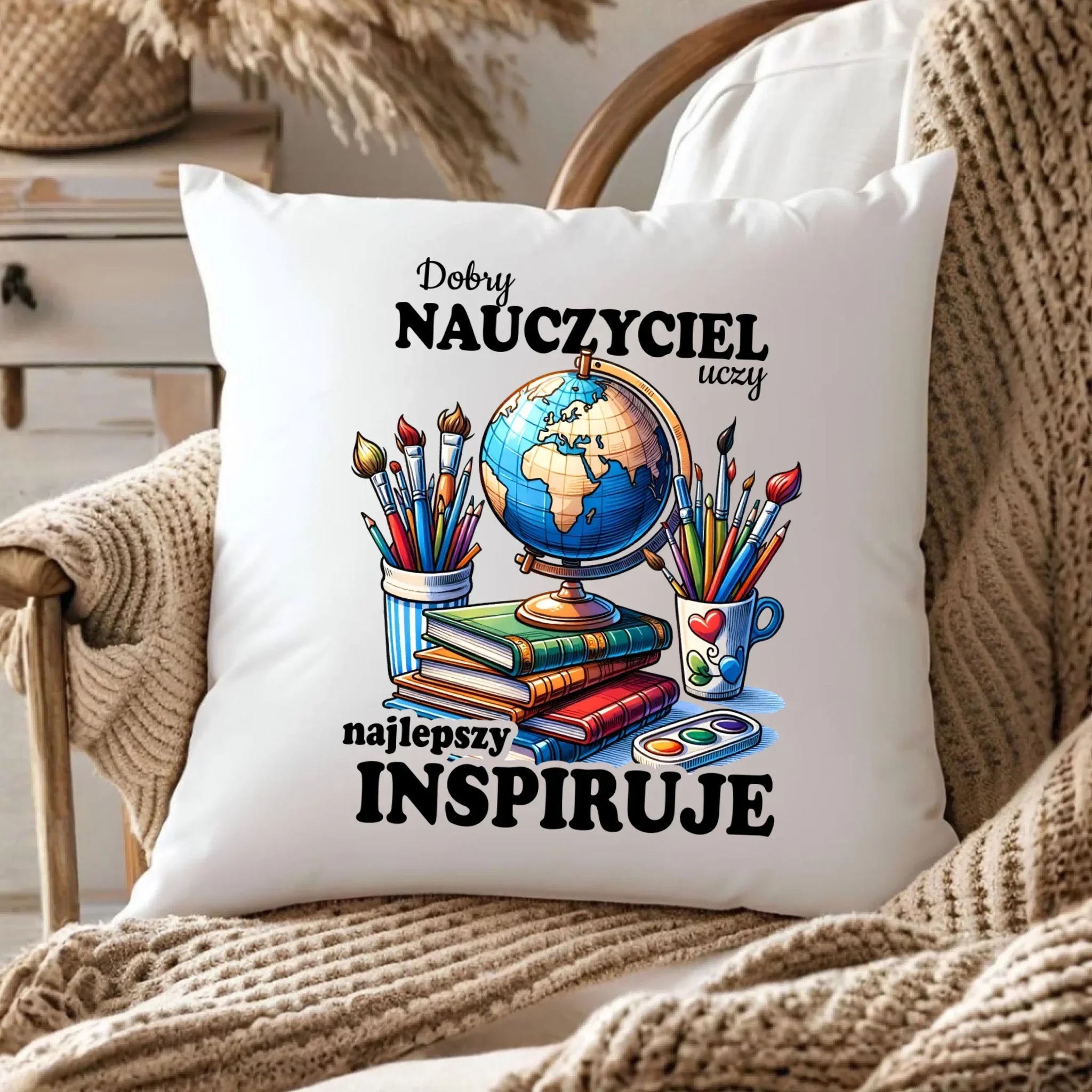 Poduszka dla nauczyciela - Dobry nauczyciel uczy najlepszy inspiruje N72 - StoryCups.pl