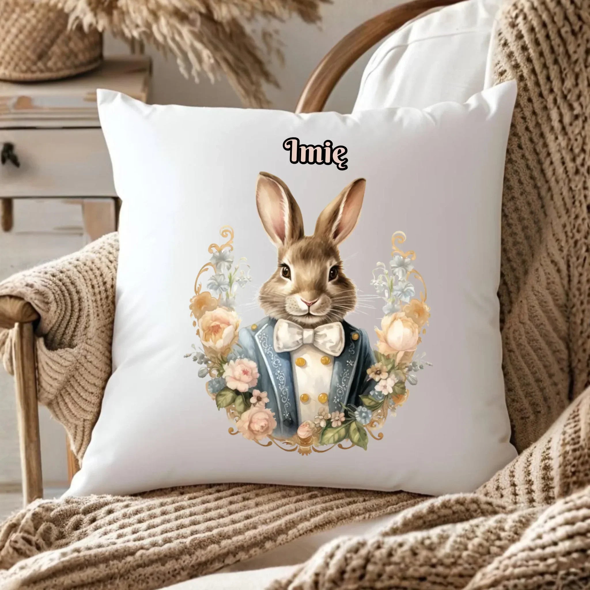 Poduszka na Wielkanoc - Elegancki Pan Zając - Prezent personalizowany WN06 - StoryCups.pl