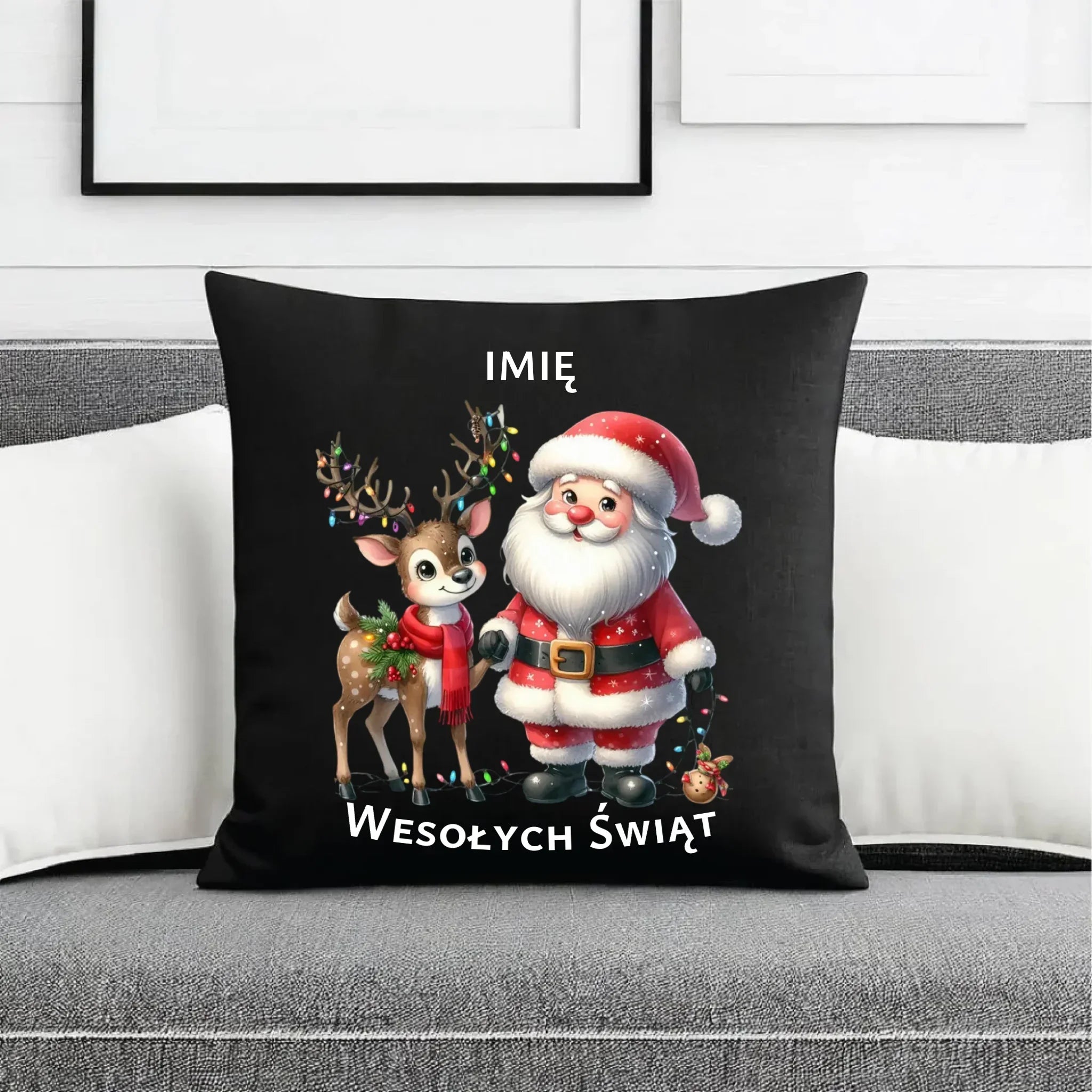Poduszka dekoracyjna świąteczna - Mikołaj z reniferem - personalizowana BN09 - StoryCups.pl