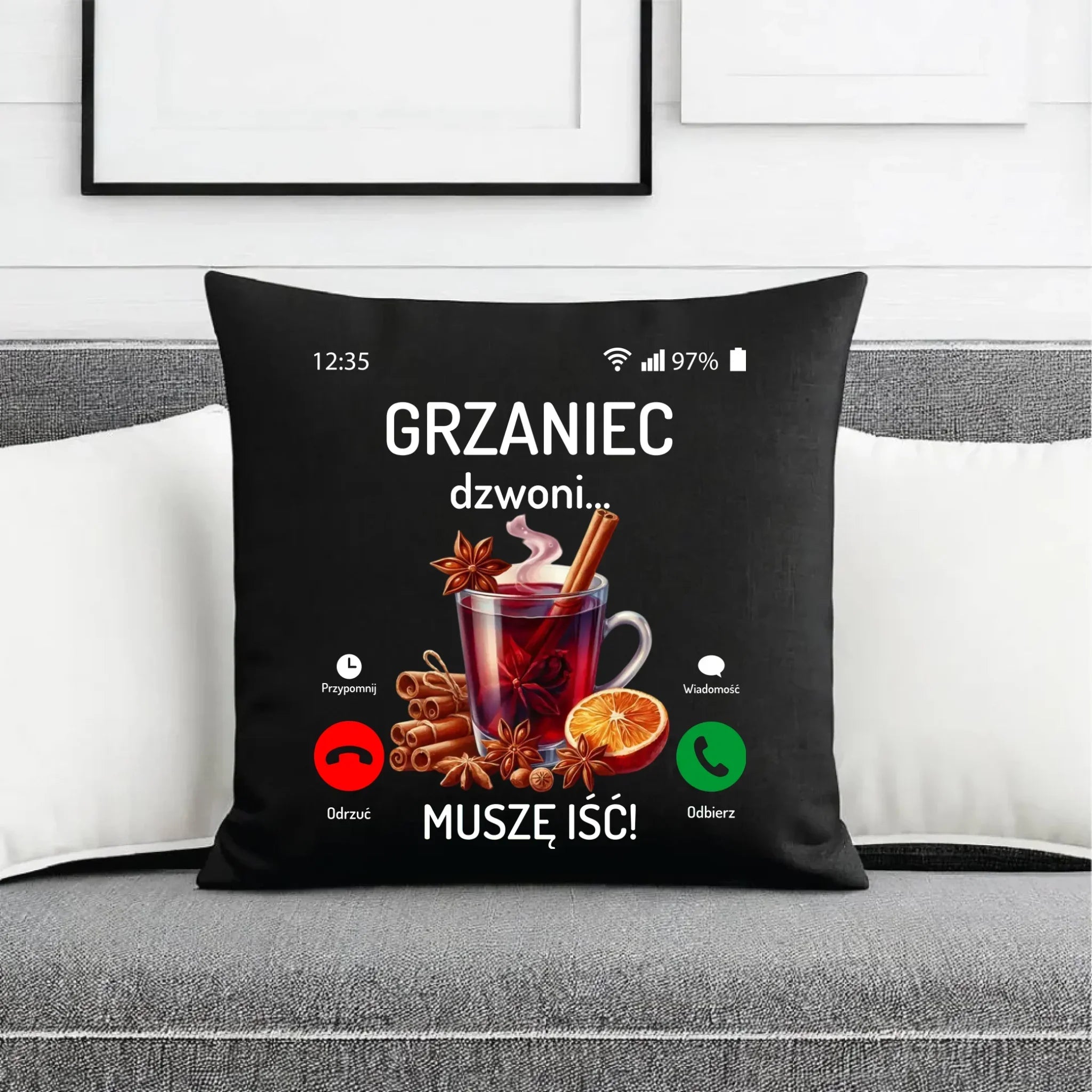 Poduszka dekoracyjna świąteczna - Grzaniec dzwoni, muszę iść BN127 - StoryCups.pl