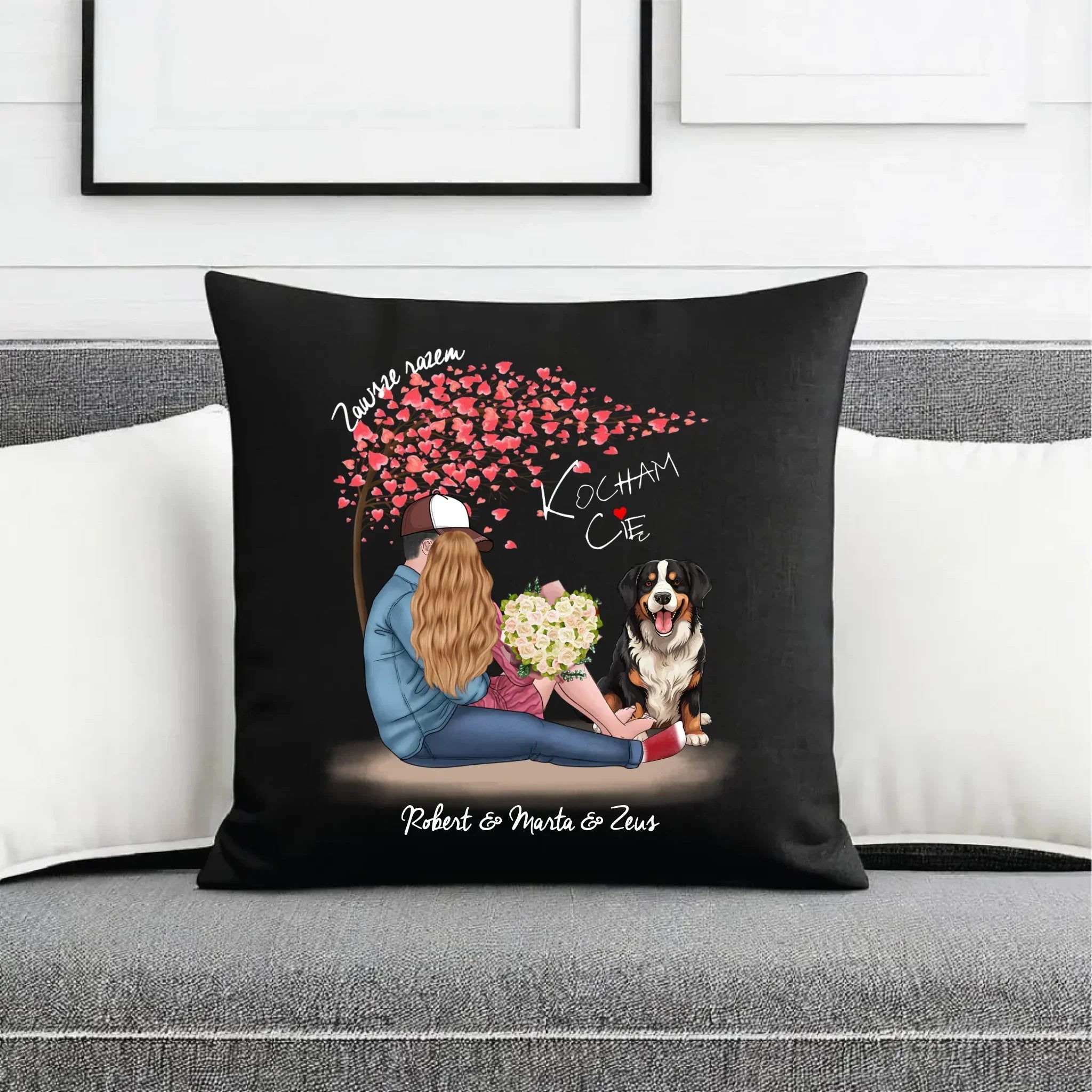 Poduszka dekoracyjna dla par + Berneńczyk - Zawsze razem - personalizowana W04A - StoryCups.pl