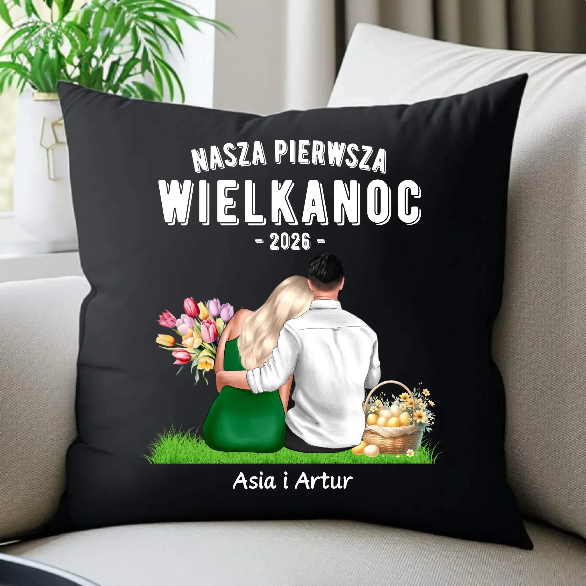 Poduszka dekoracyjna wielkanocna dla par - Nasza pierwsza Wielkanoc - personalizowana WN16 - StoryCups.pl