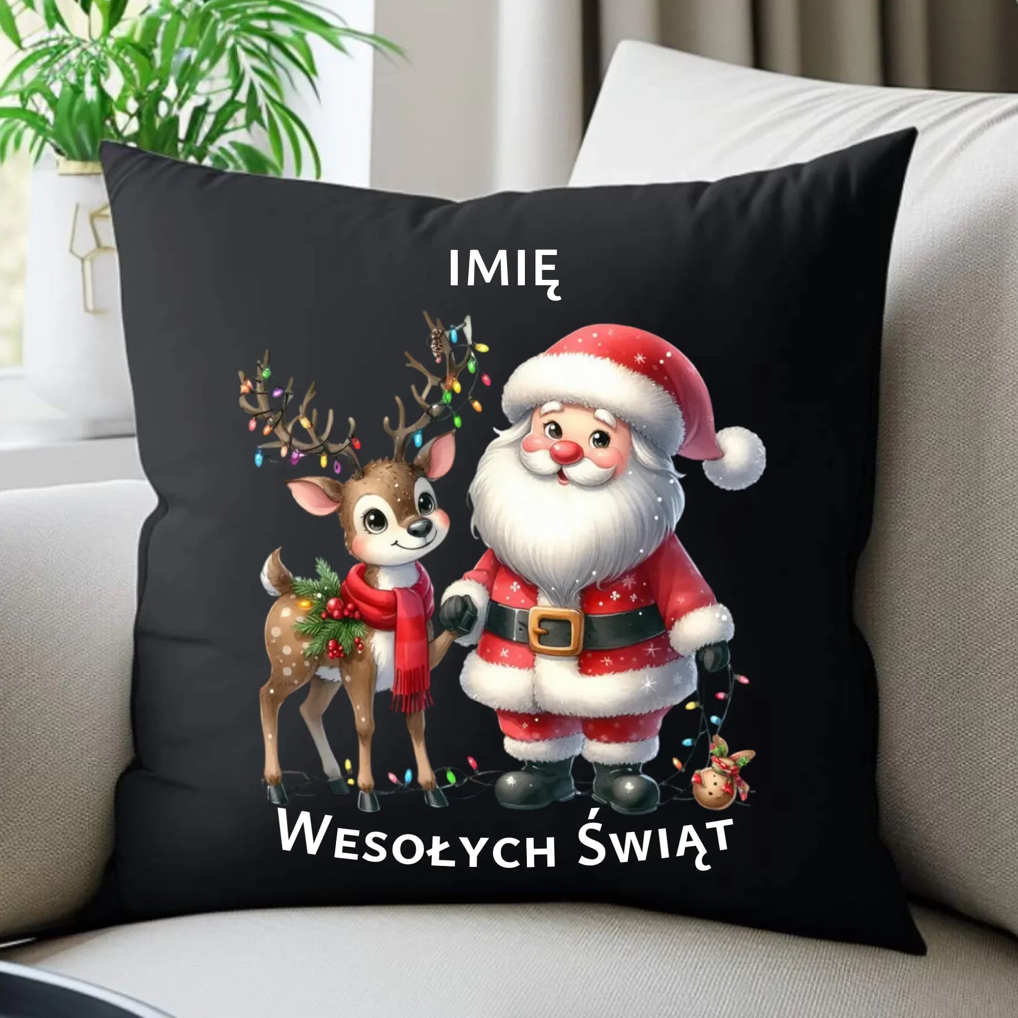Poduszka dekoracyjna świąteczna - Mikołaj z reniferem - personalizowana BN09 - StoryCups.pl