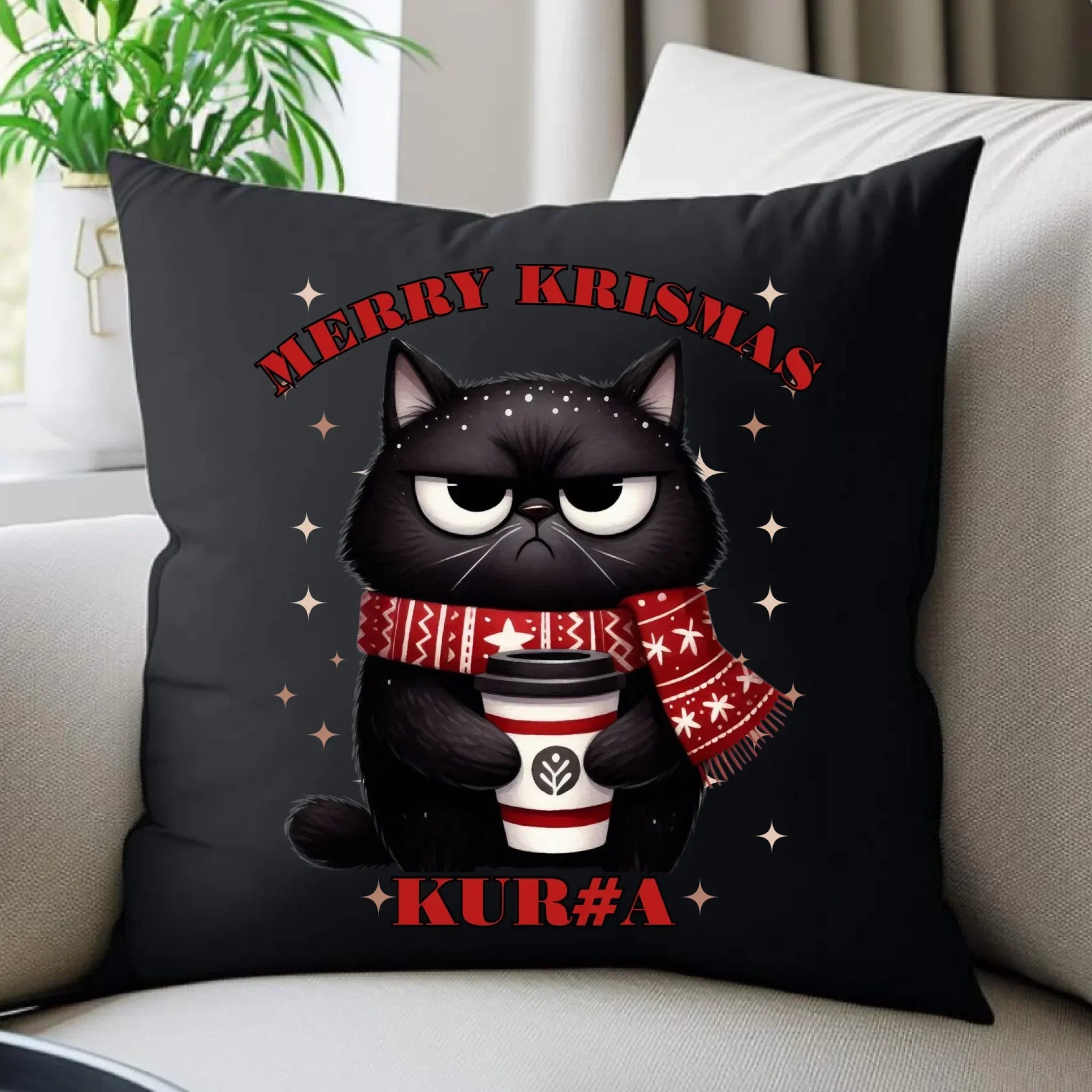 Poduszka dekoracyjna świąteczna - Zburczany kot Merry Krismas kur#a - bez cenzury BN34 - StoryCups.pl