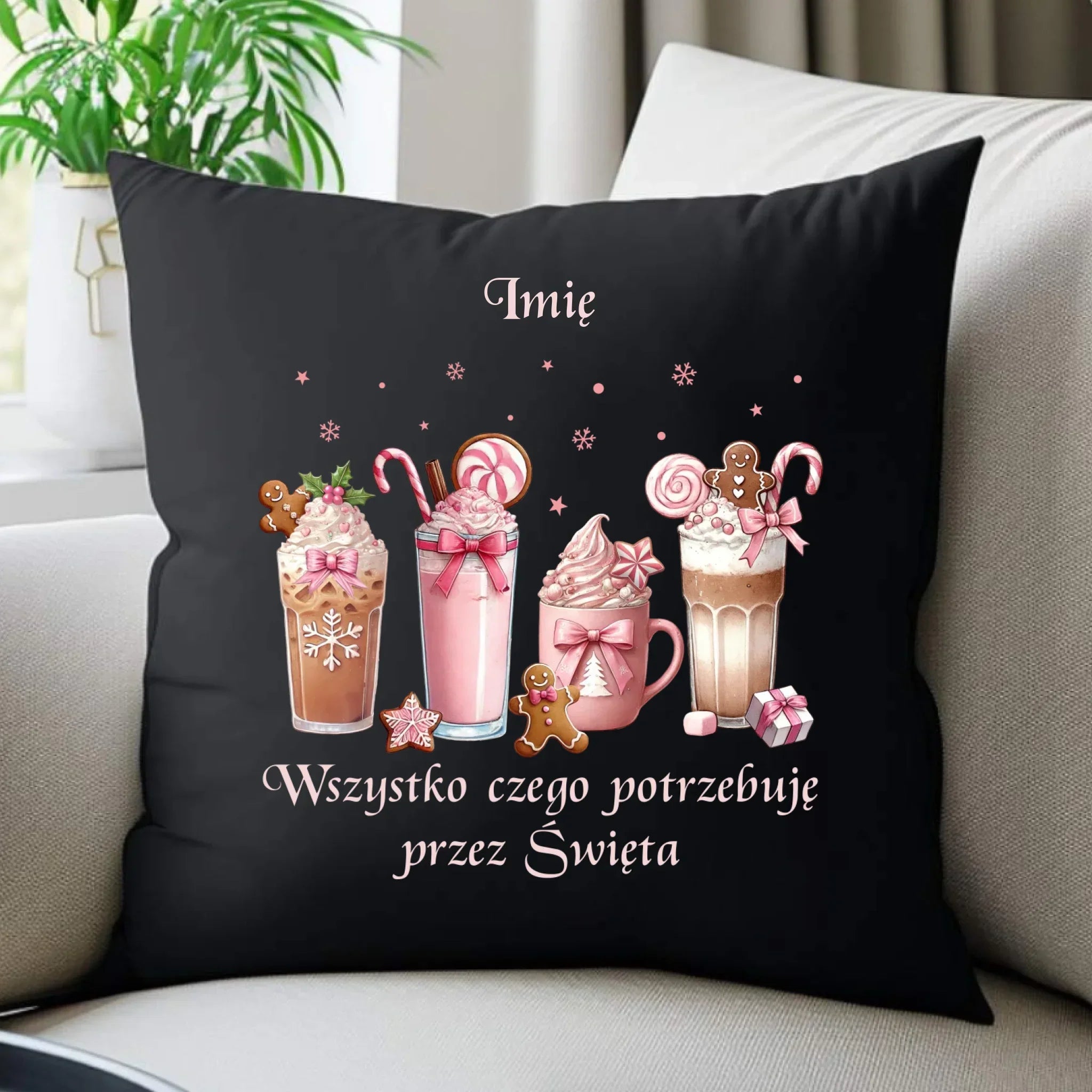 Poduszka dekoracyjna świąteczna - Zimowa kawa Wszystko czego potrzebuję przez Święta - personalizowana BN46 - StoryCups.pl