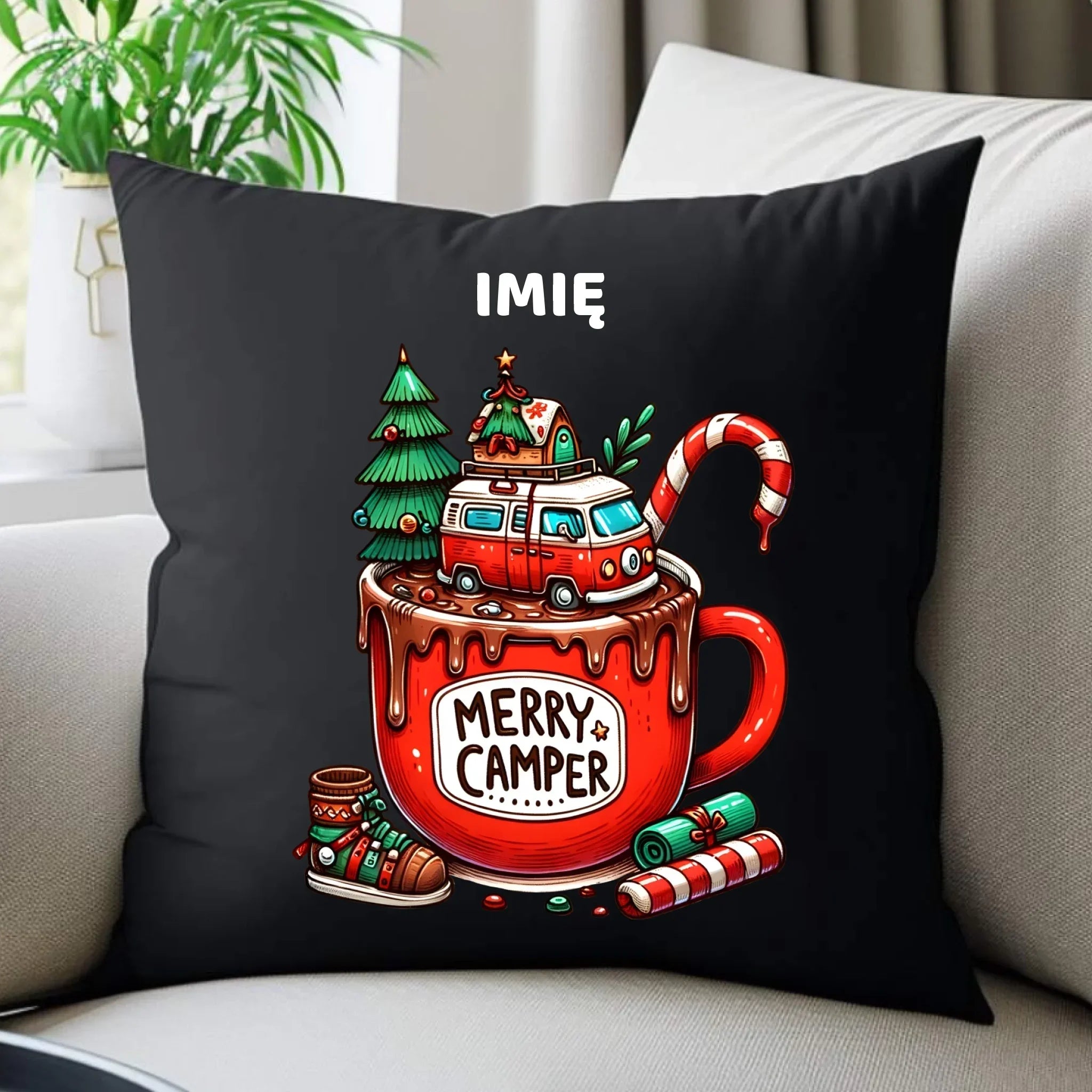 Poduszka dekoracyjna świąteczna - Kamper Merry Camper - personalizowana BN43 - StoryCups.pl
