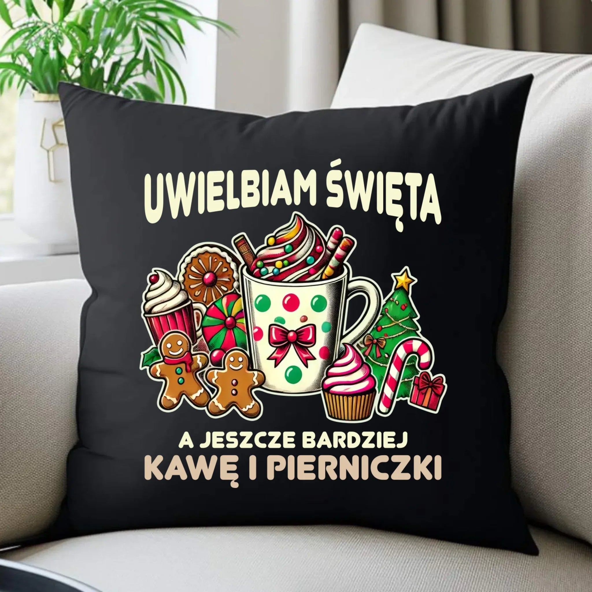 Poduszka dekoracyjna świąteczna - Uwielbiam święta kawę i pierniczki BN47 - StoryCups.pl