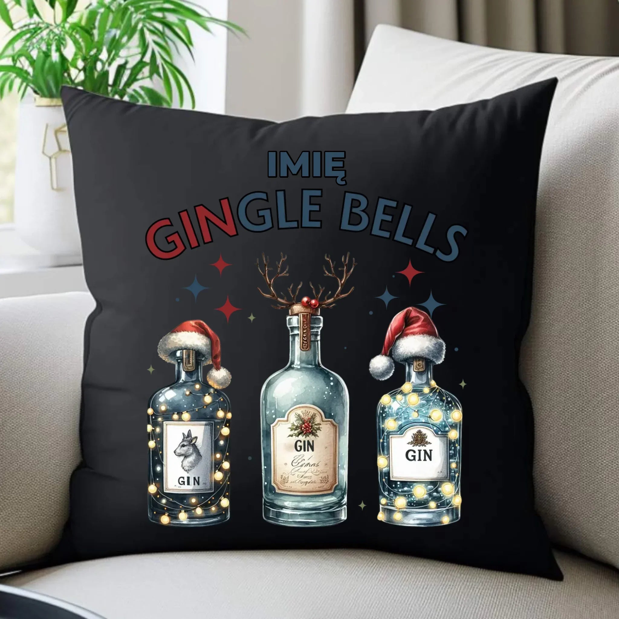 Poduszka dekoracyjna świąteczna - Gin Gingle bells - personalizowana BN68 - StoryCups.pl