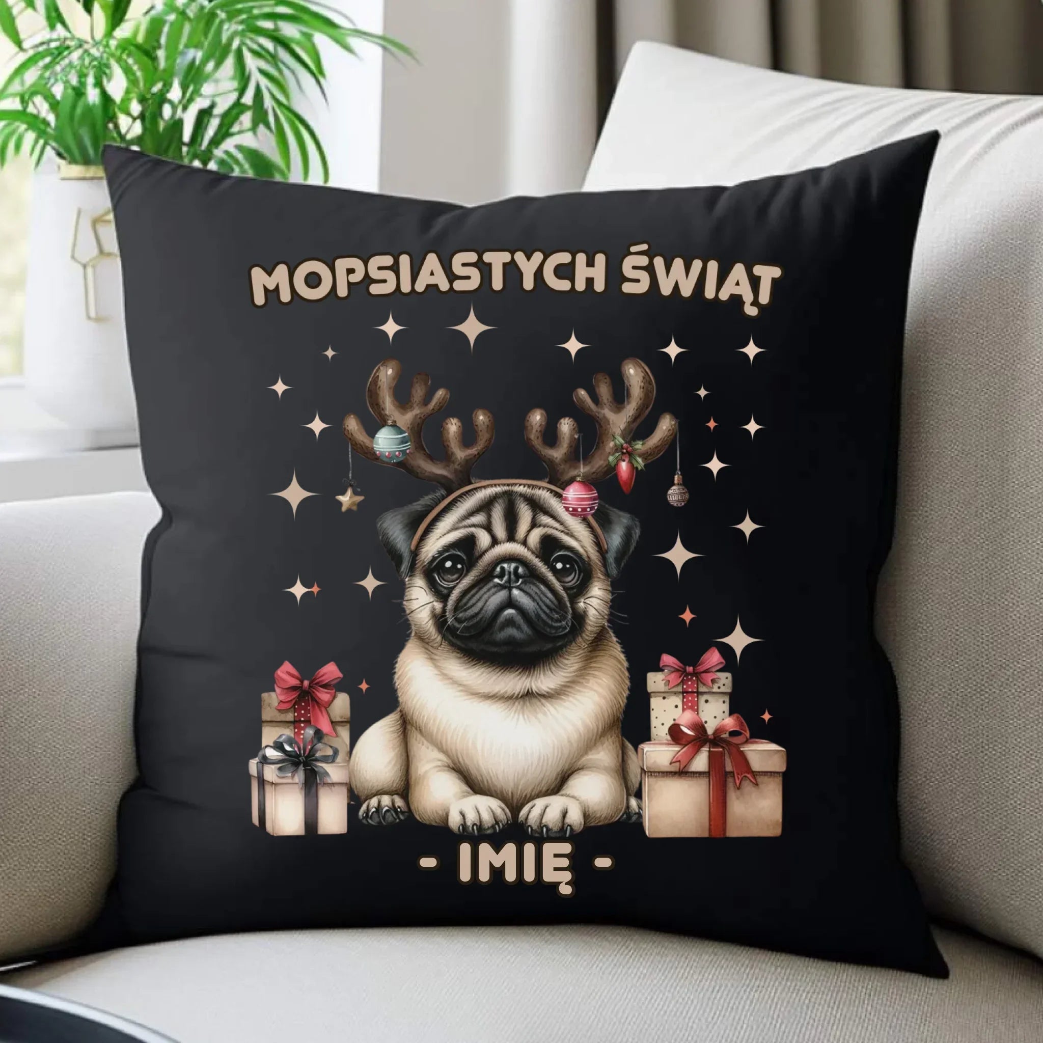 Poduszka dekoracyjna świąteczna - Mops Mopsiastych świąt - personalizowana BN91 - StoryCups.pl