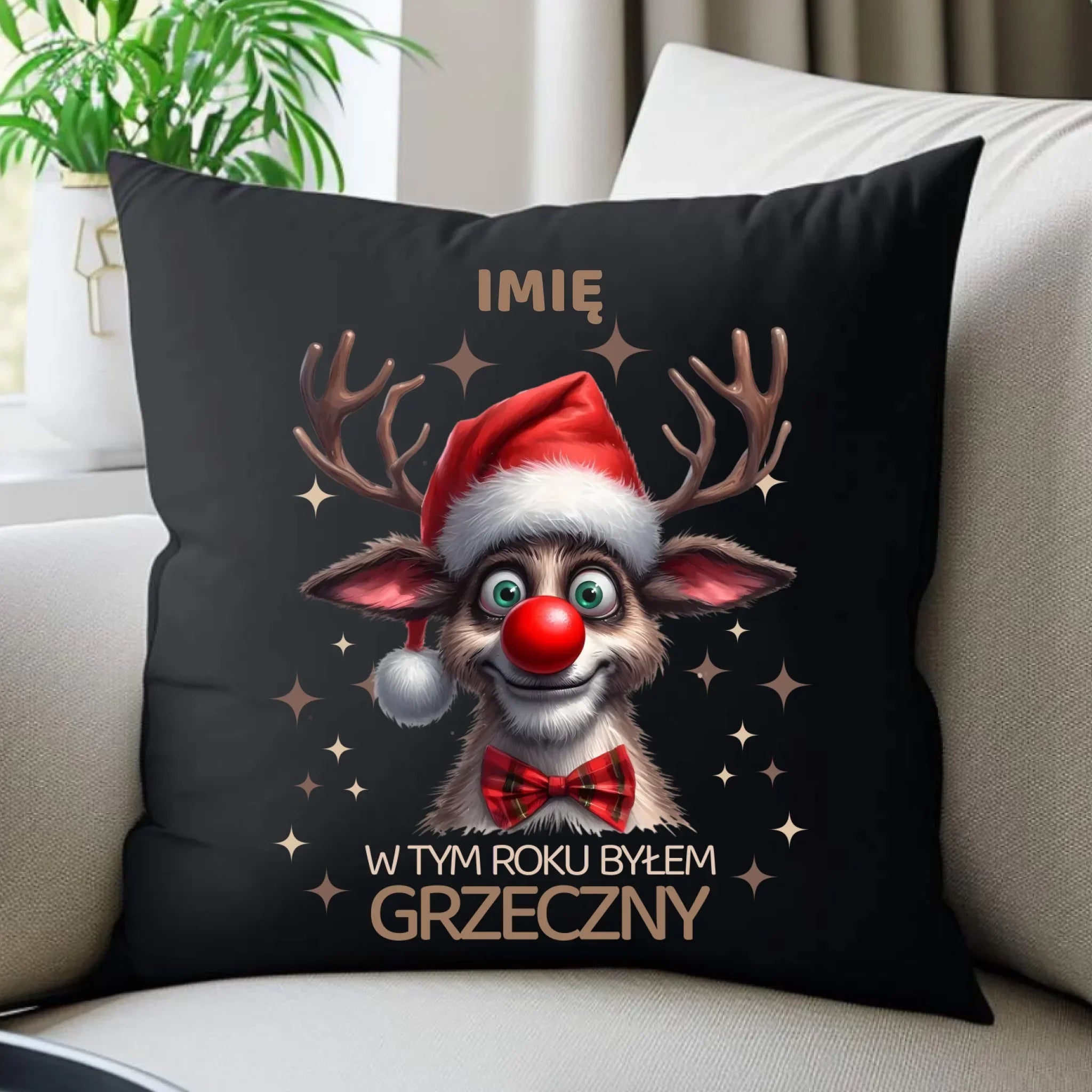 Poduszka dekoracyjna świąteczna - Renifer W tym roku byłem grzeczny - personalizowana BN96 - StoryCups.pl