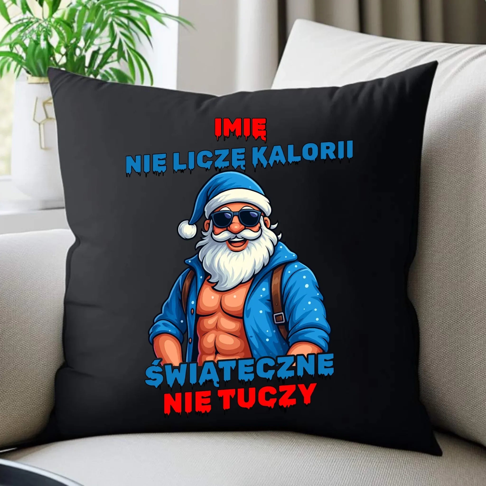 Poduszka dekoracyjna świąteczna z Mikołajem - Świąteczne nie tuczy - personalizowana BN118 - StoryCups.pl