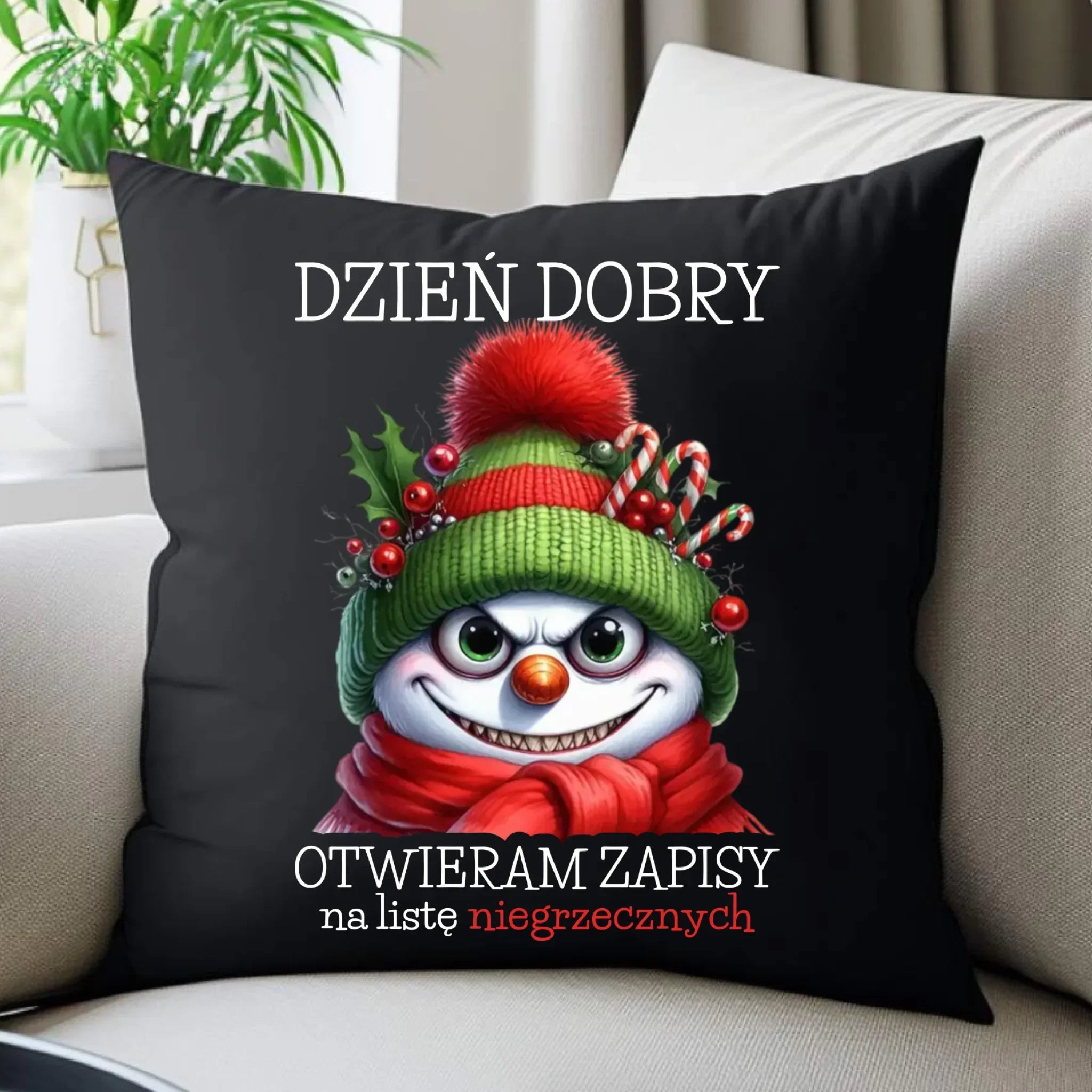 Poduszka dekoracyjna świąteczna - Niegrzeczny bałwan - Dzień dobry otwieram zapisy na listę BN121 - StoryCups.pl