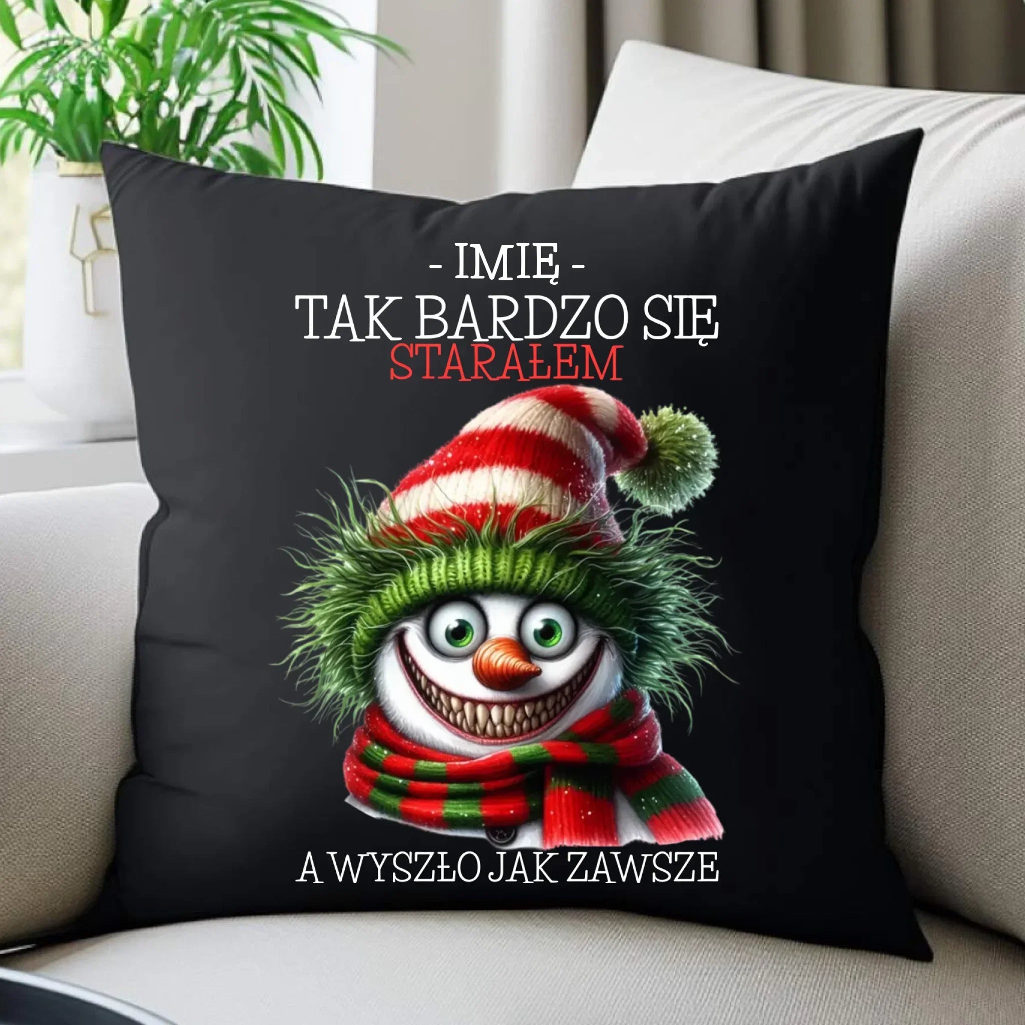 Poduszka dekoracyjna świąteczna z bałwanem - Tak bardzo się starałem - personalizowana BN120 - StoryCups.pl