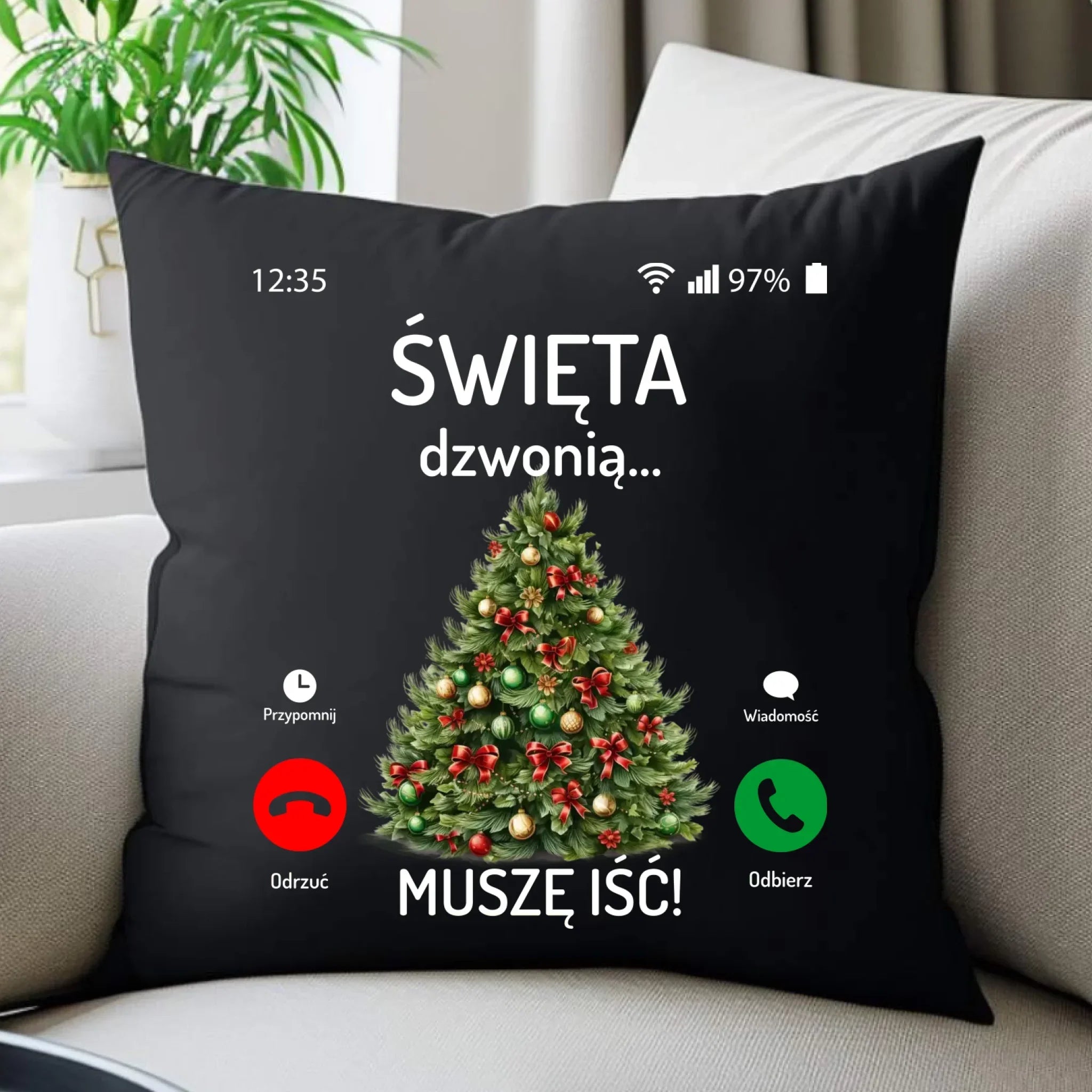 Poduszka dekoracyjna świąteczna - Choinka Święta dzwonią muszę iść BN124 - StoryCups.pl