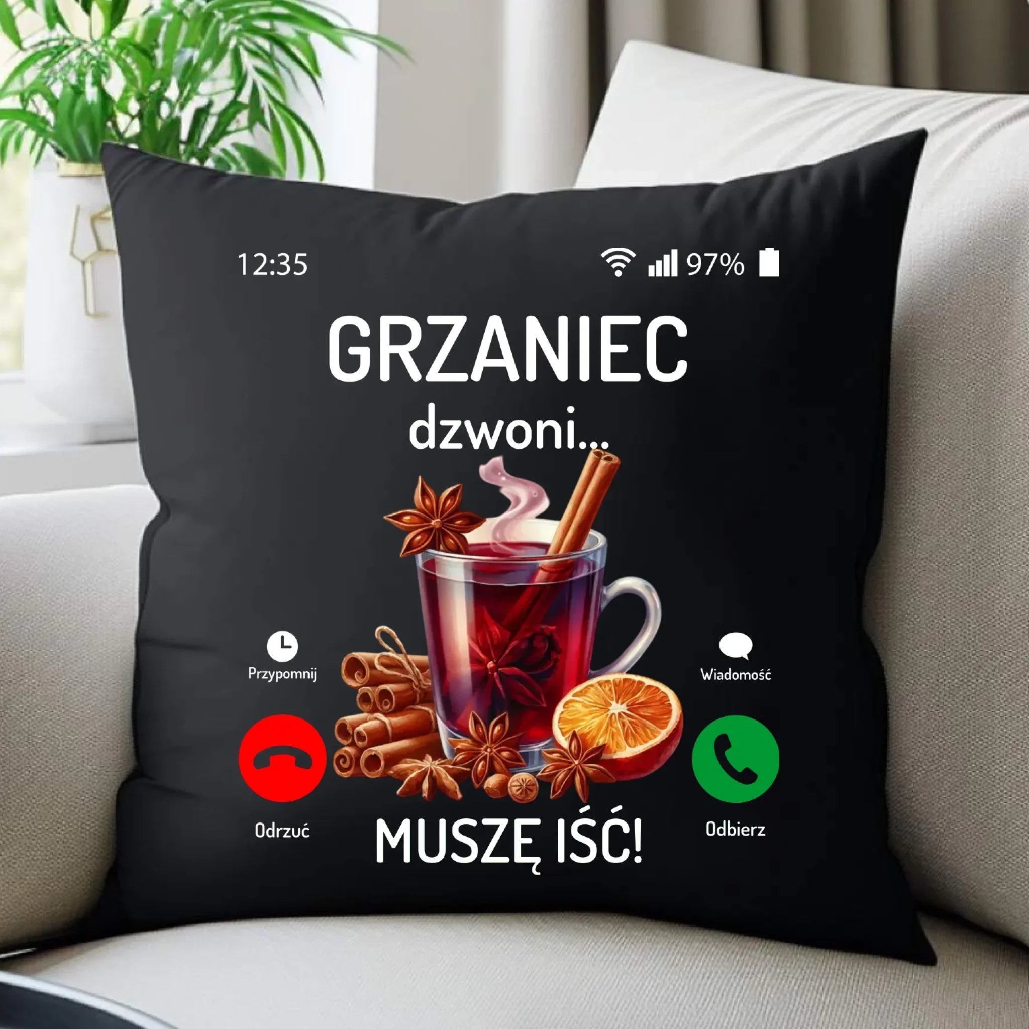 Poduszka dekoracyjna świąteczna - Grzaniec dzwoni, muszę iść BN127 - StoryCups.pl
