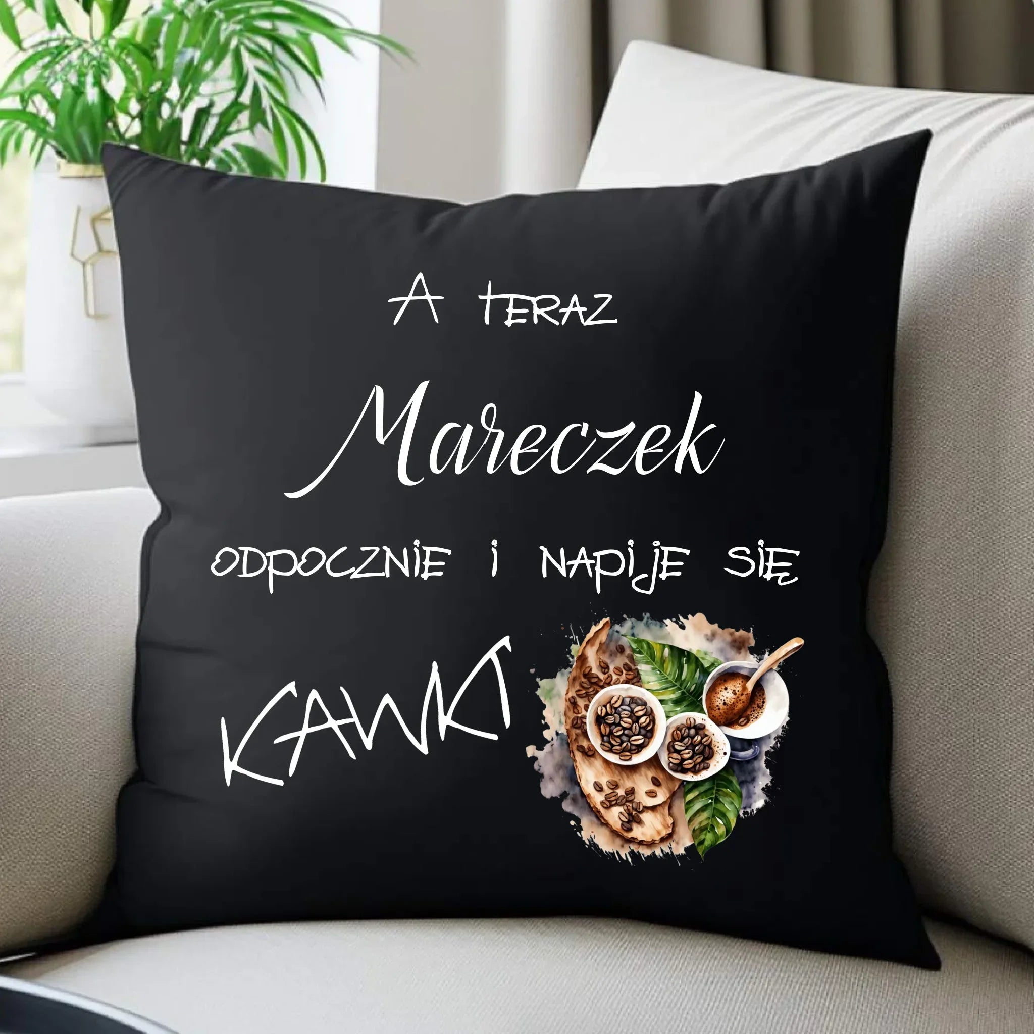 Poduszka dekoracyjna - Odpocznie i napije się kawki prezent dla kawosza - personalizowana DCH04 - StoryCups.pl