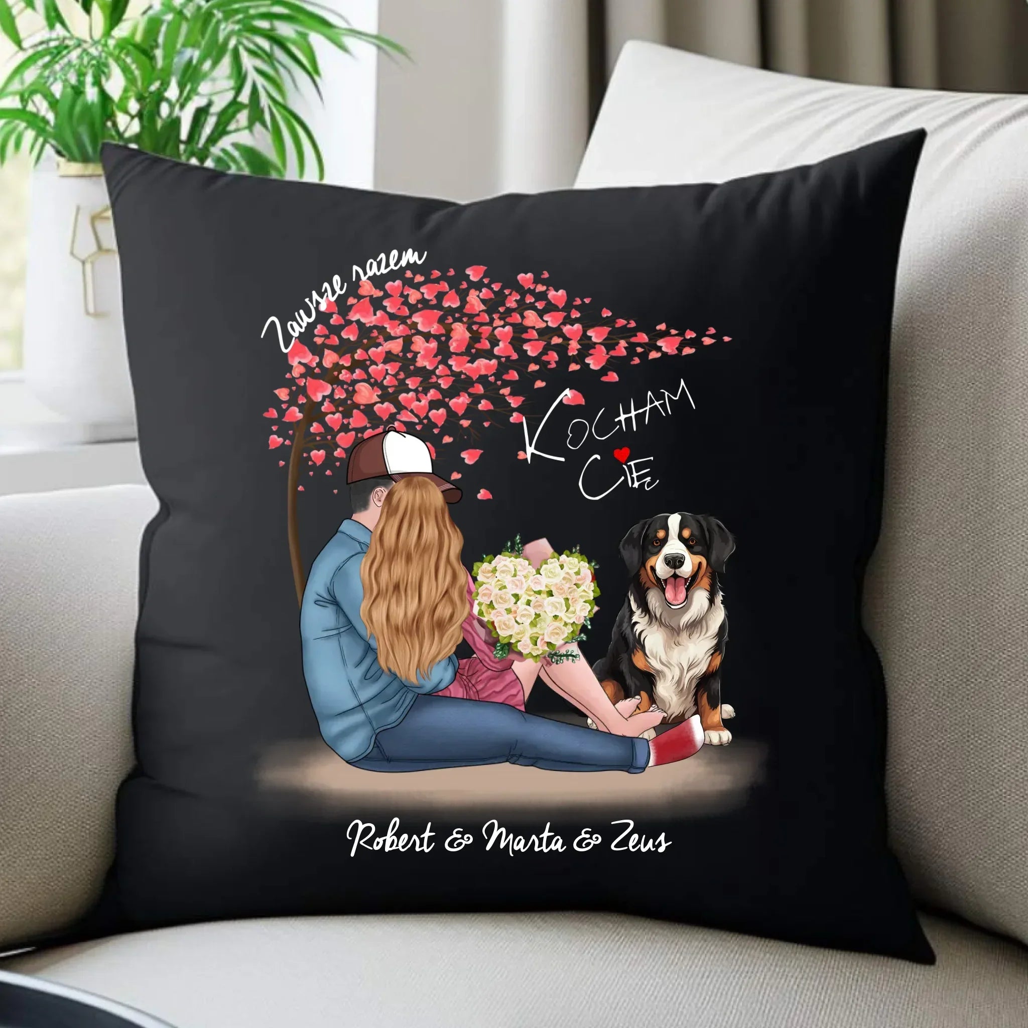 Poduszka dekoracyjna dla par + Berneńczyk - Zawsze razem - personalizowana W04A - StoryCups.pl