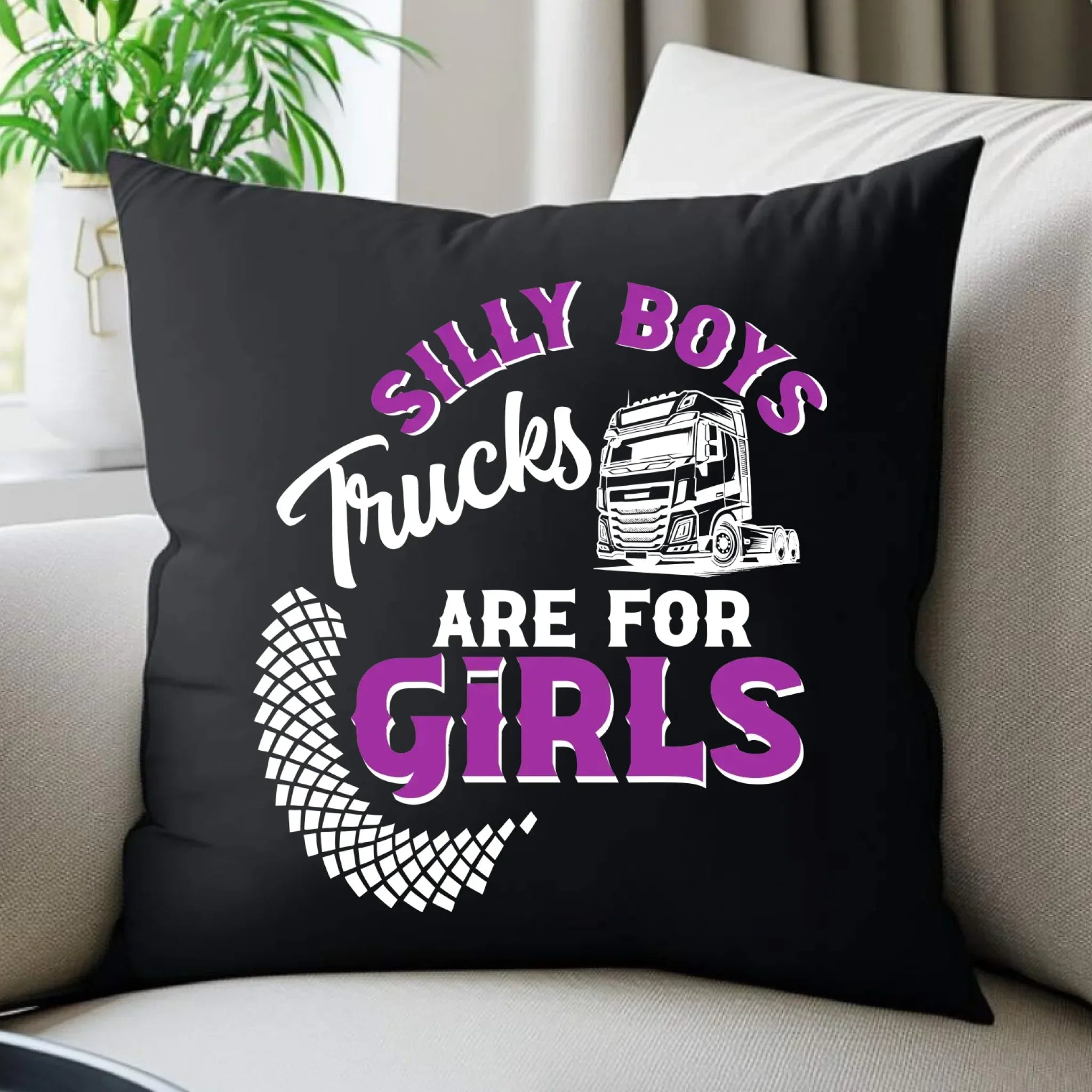 Poduszka dekoracyjna - kierowca ciężarówki - Silly boys trucks are for girls ZKT11 - StoryCups.pl