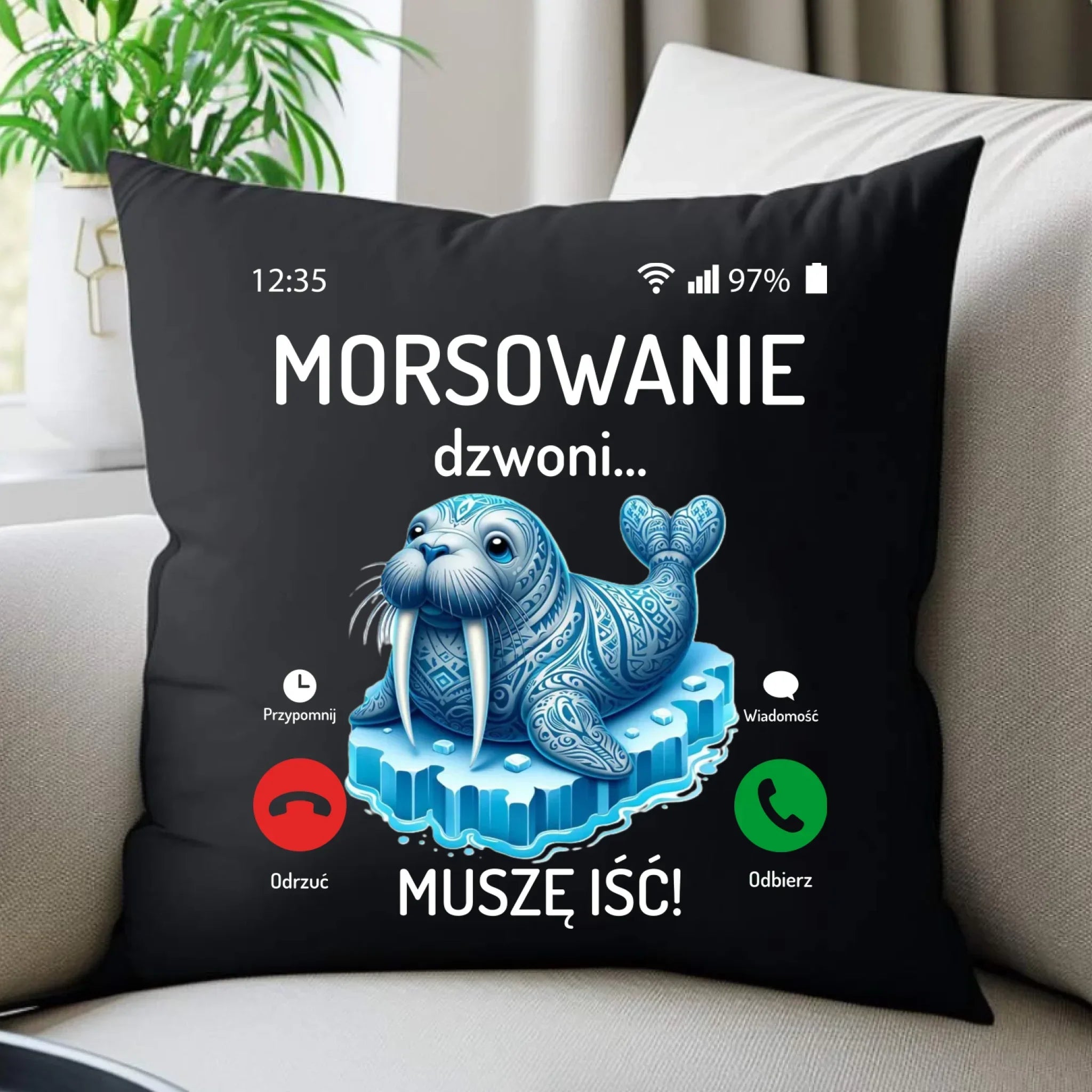 Poduszka dekoracyjna - prezent dla morsa - Morsowanie dzwoni muszę iść - Mors HM04 - StoryCups.pl