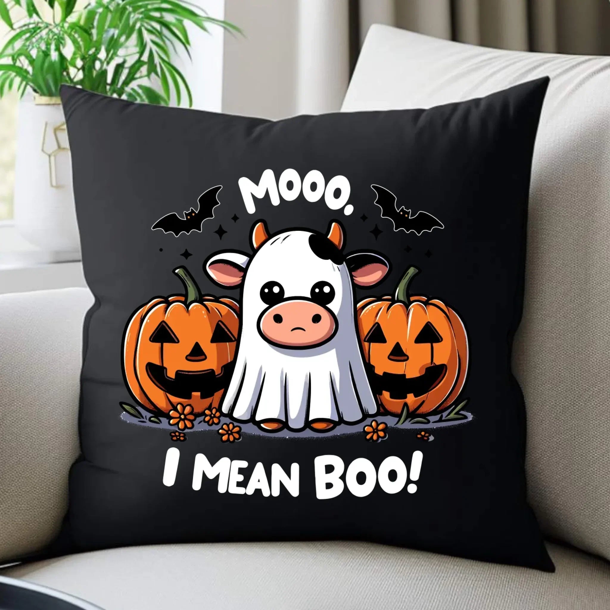 Poduszka dekoracyjna na Halloween - Mooo I mean Boo! - z dynią i duchem HL14 - StoryCups.pl