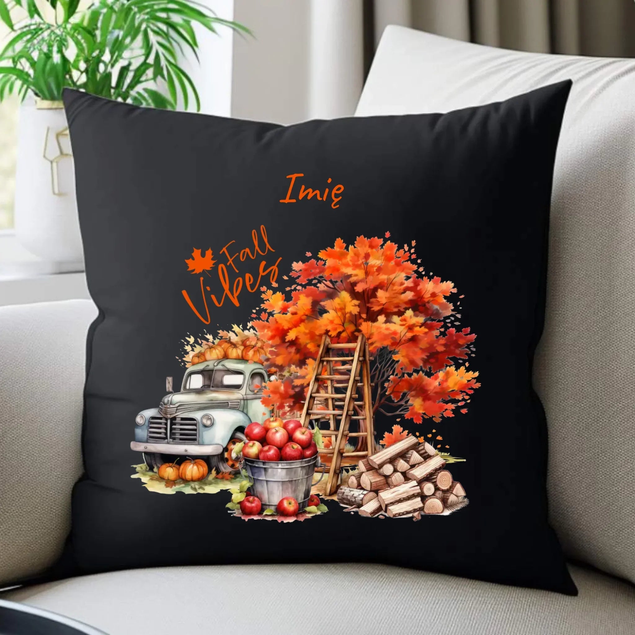 Poduszka dekoracyjna jesienna – Vintage auto dynie i jabłka – personalizowana JS07 - StoryCups.pl