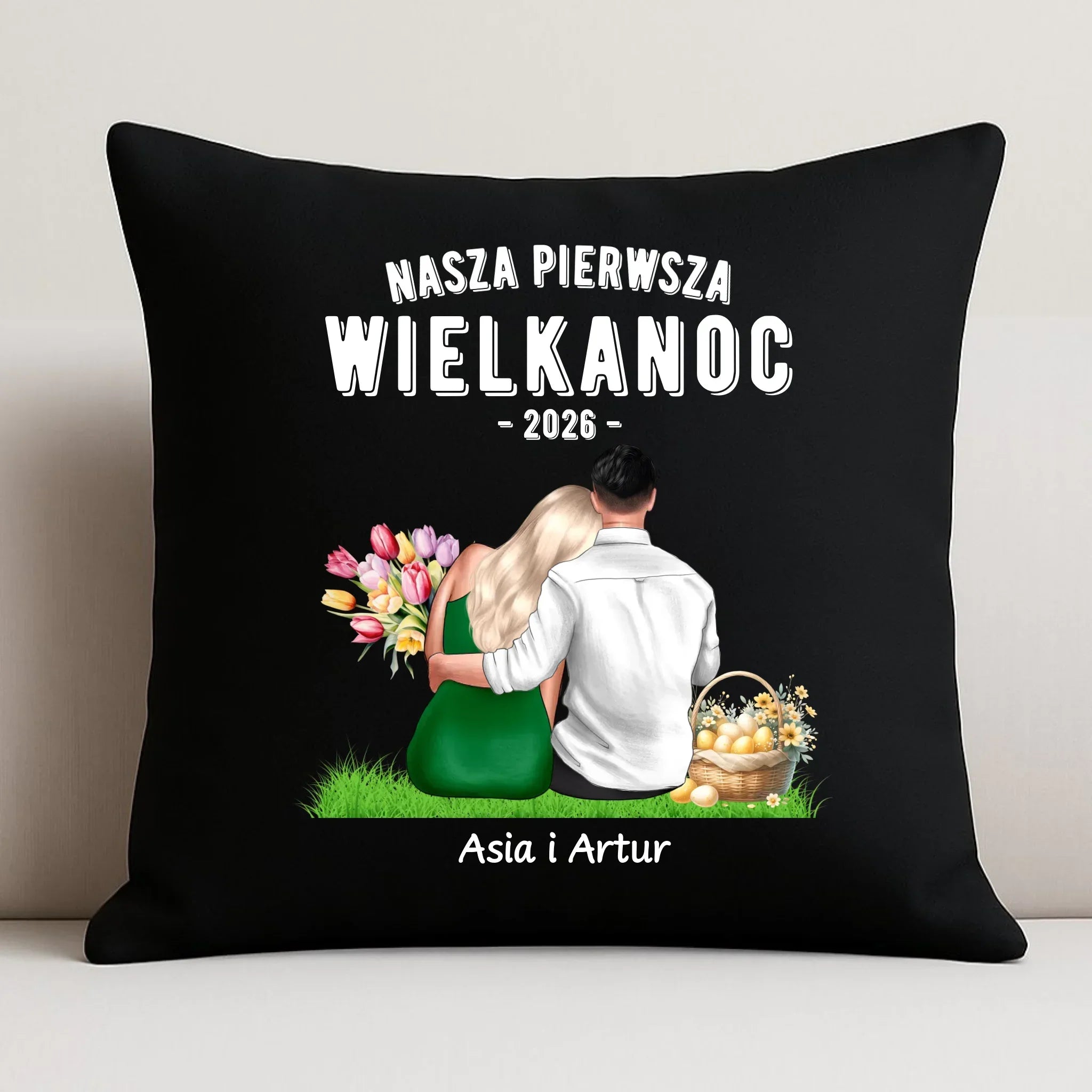 Poduszka dekoracyjna wielkanocna dla par - Nasza pierwsza Wielkanoc - personalizowana WN16 - StoryCups.pl