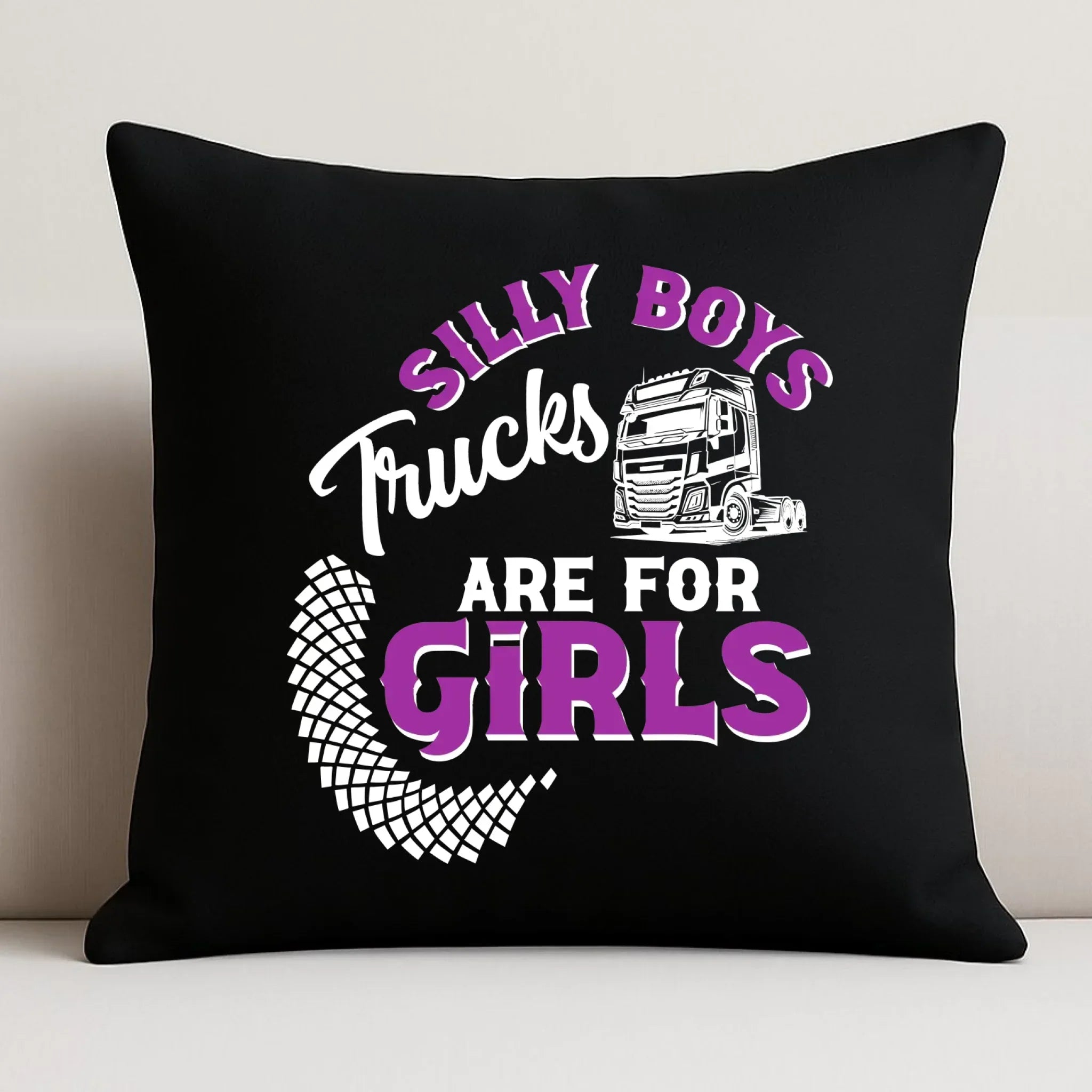 Poduszka dekoracyjna - kierowca ciężarówki - Silly boys trucks are for girls ZKT11 - StoryCups.pl