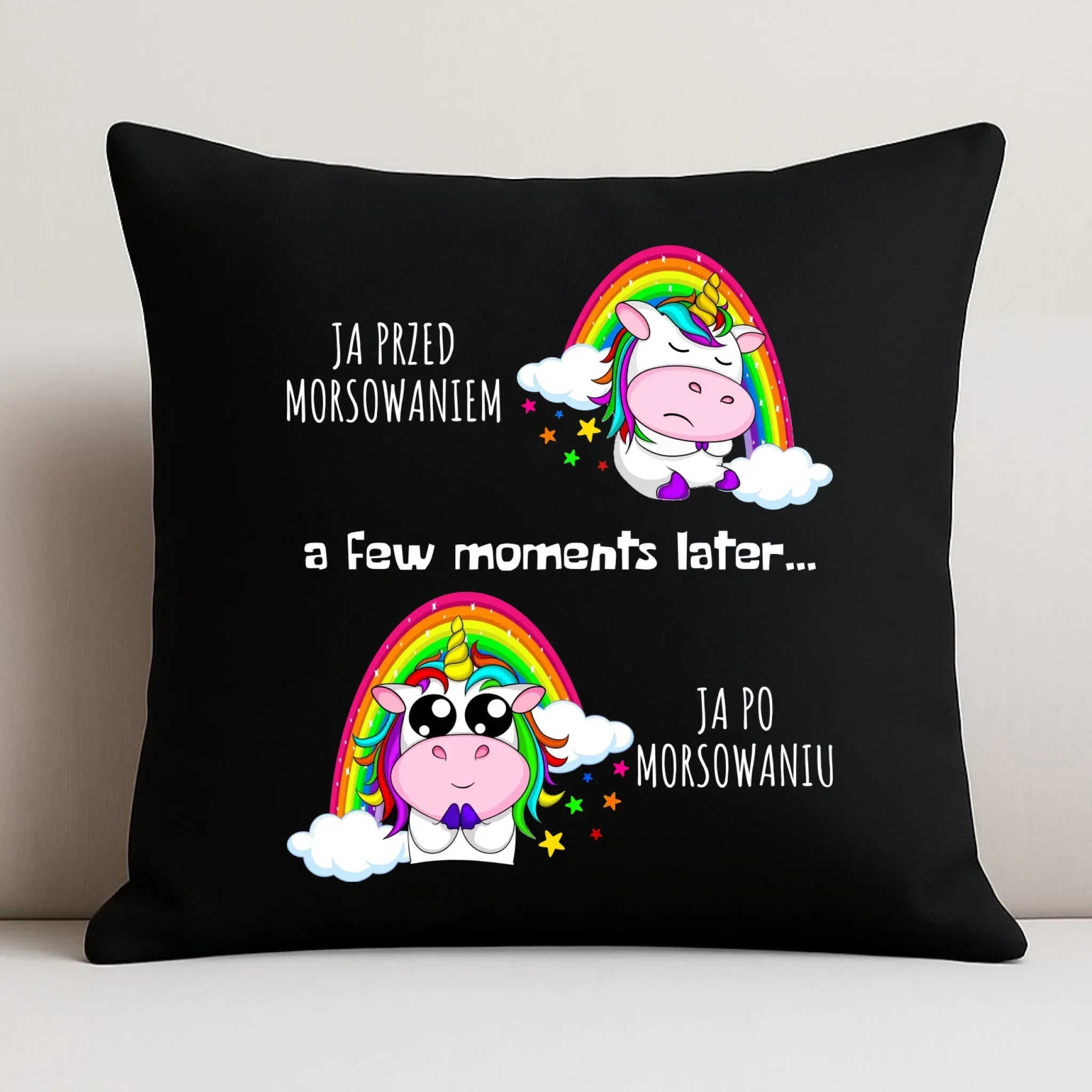 Poduszka dekoracyjna - prezent dla morsa - Jednorożec - Ja po morsowaniu HM11 - StoryCups.pl