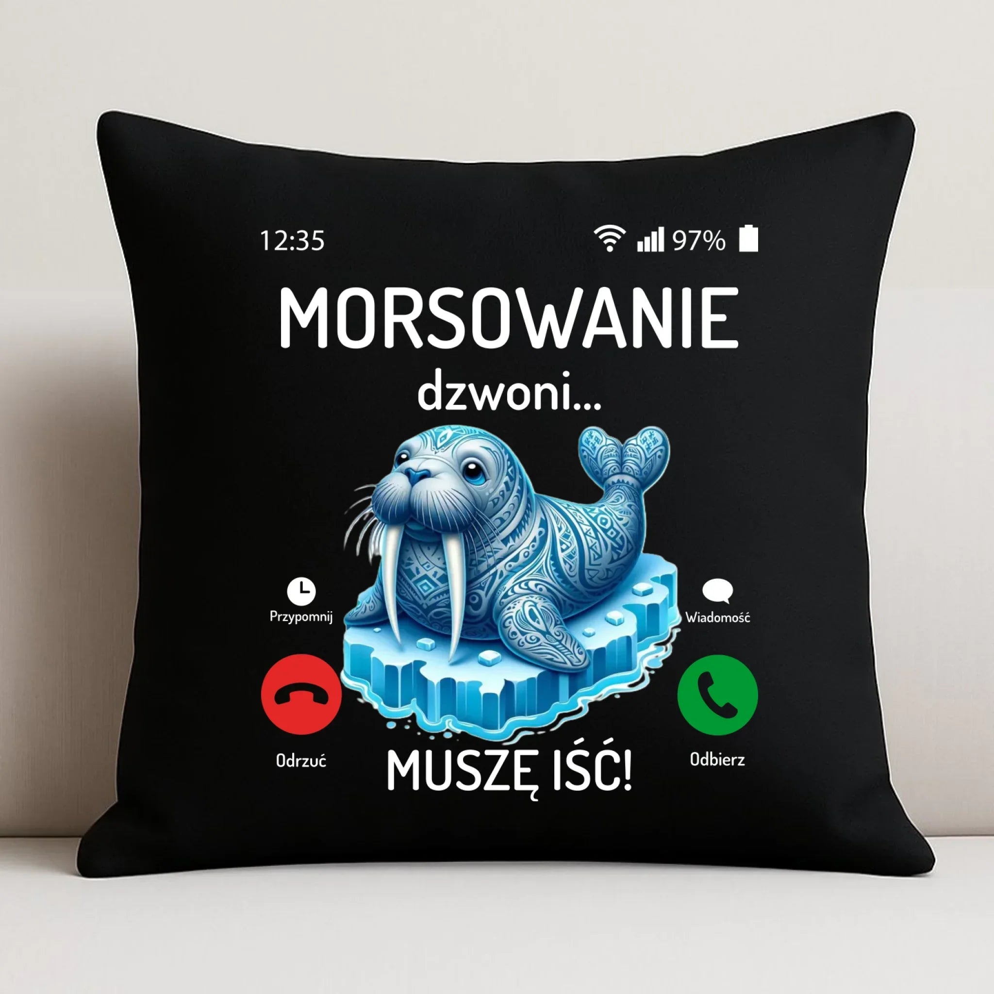 Poduszka dekoracyjna - prezent dla morsa - Morsowanie dzwoni muszę iść - Mors HM04 - StoryCups.pl