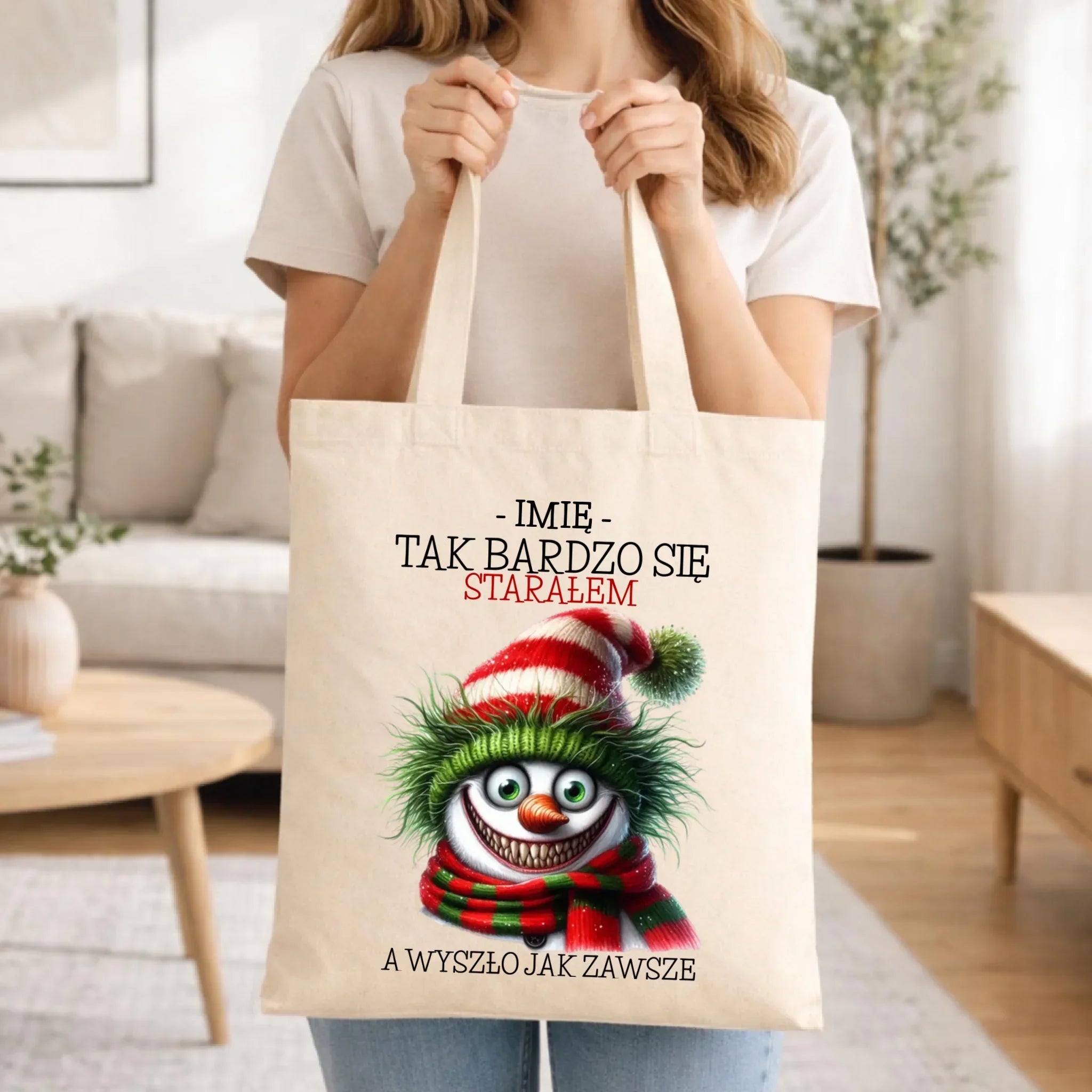 Torba świąteczna z bałwanem - Tak bardzo się starałem - personalizowana BN120 - StoryCups.pl