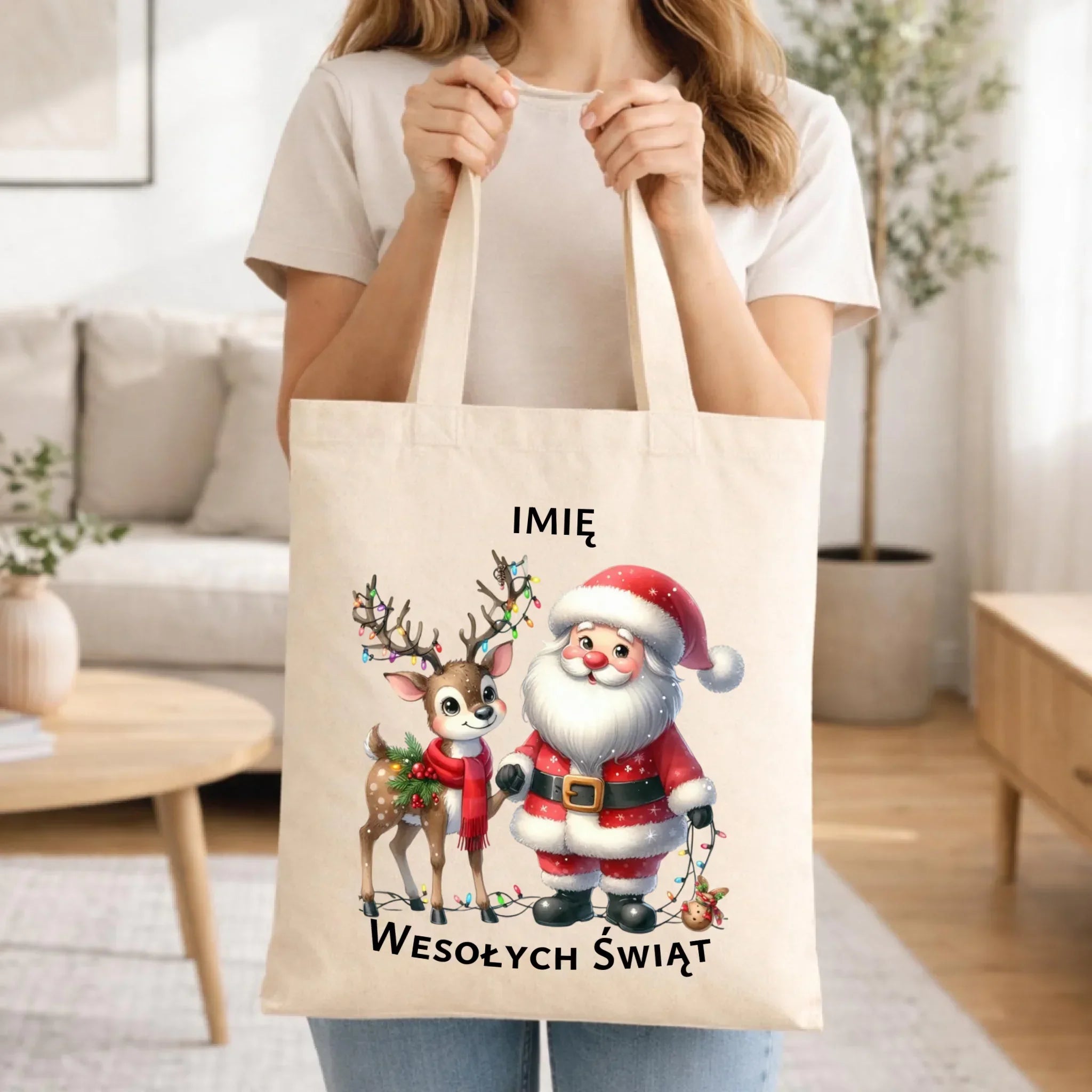 Torba świąteczna - Mikołaj z reniferem - personalizowana BN09 - StoryCups.pl