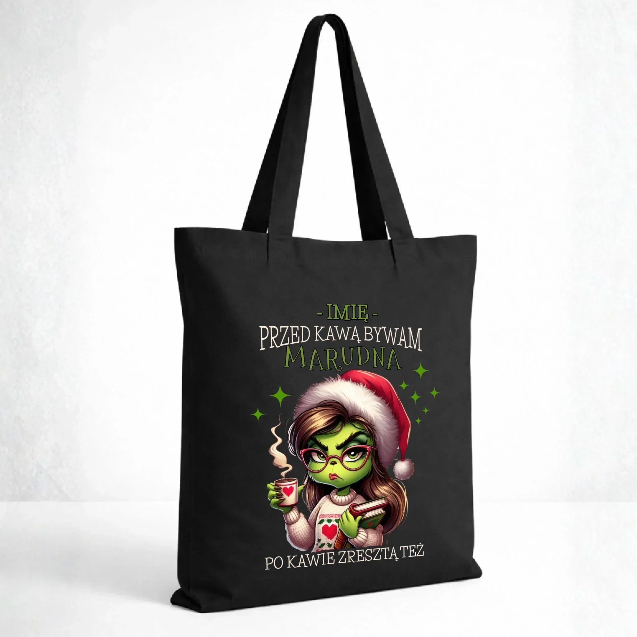 Torba świąteczna - Grinch - Przed kawą bywam marudna - personalizowana BN116 - StoryCups.pl