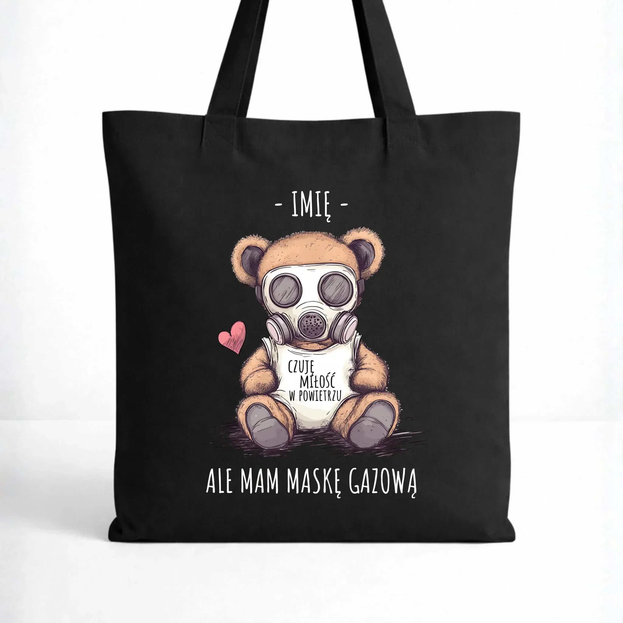 Torba - Miś w masce gazowej - Czuję miłość w powietrzu - personalizowana W38 - StoryCups.pl