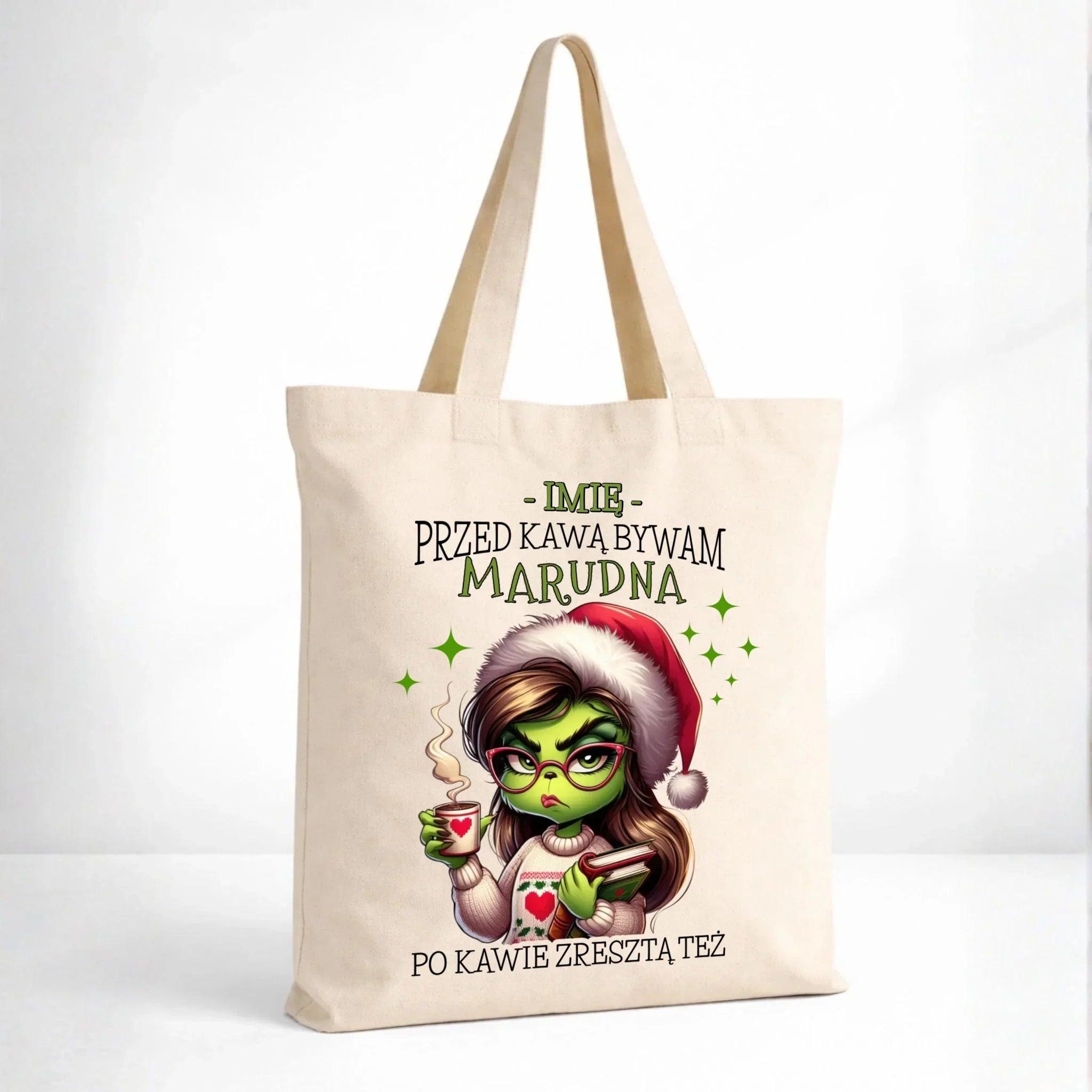 Torba świąteczna - Grinch - Przed kawą bywam marudna - personalizowana BN116 - StoryCups.pl