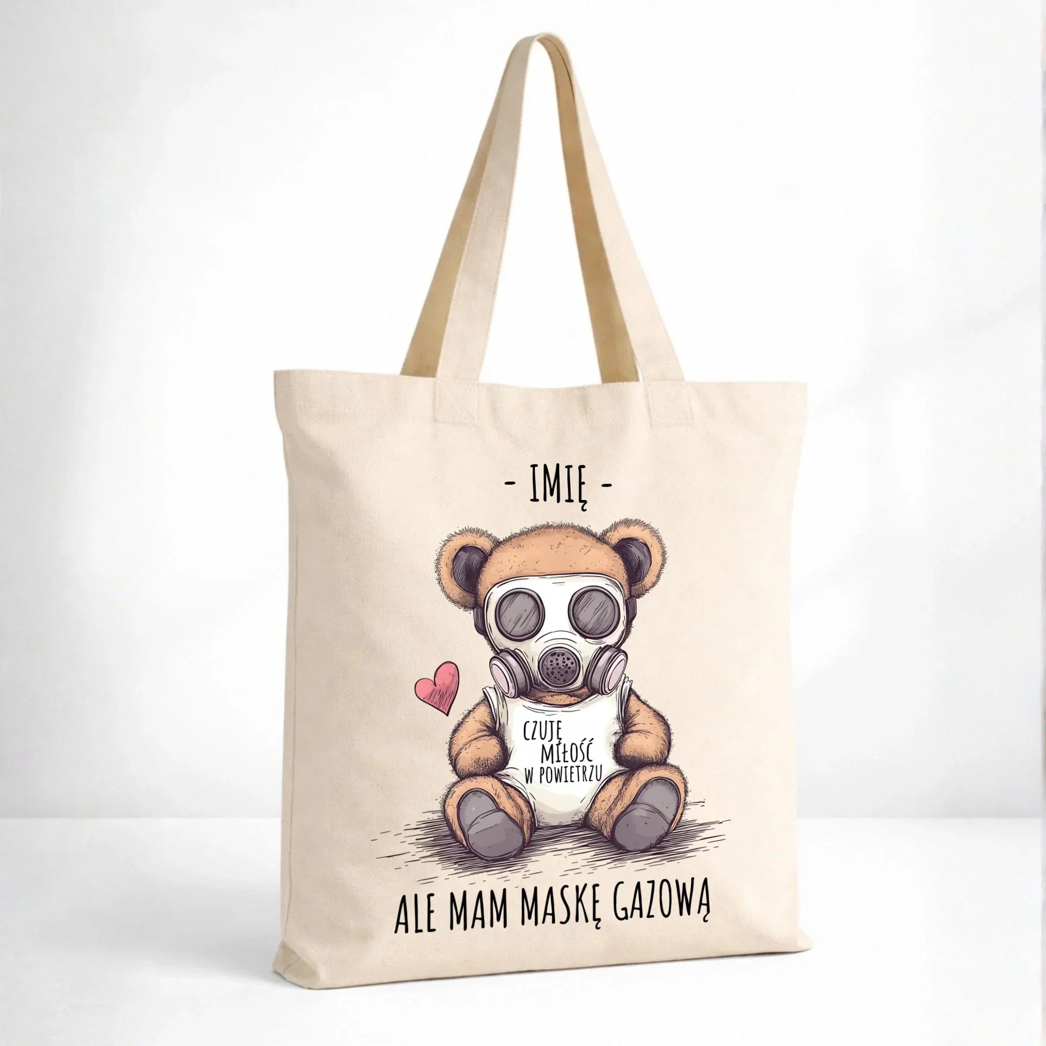 Torba - Miś w masce gazowej - Czuję miłość w powietrzu - personalizowana W38 - StoryCups.pl