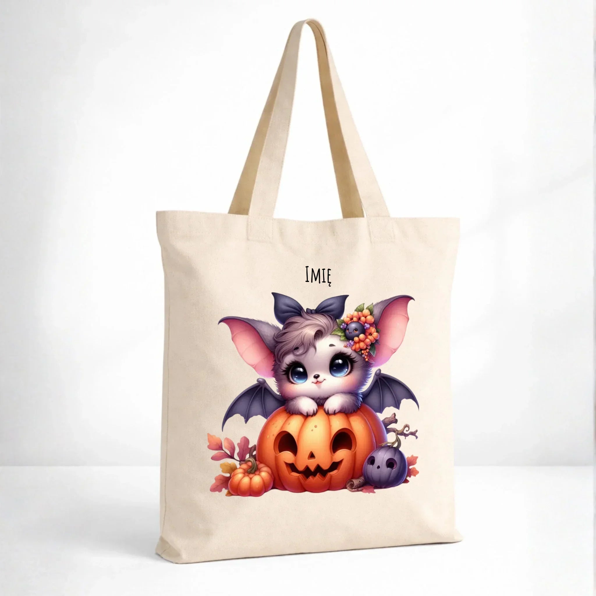 Torba halloweenowa - Uroczy nietoperz z dynią - personalizowana HL08 - StoryCups.pl