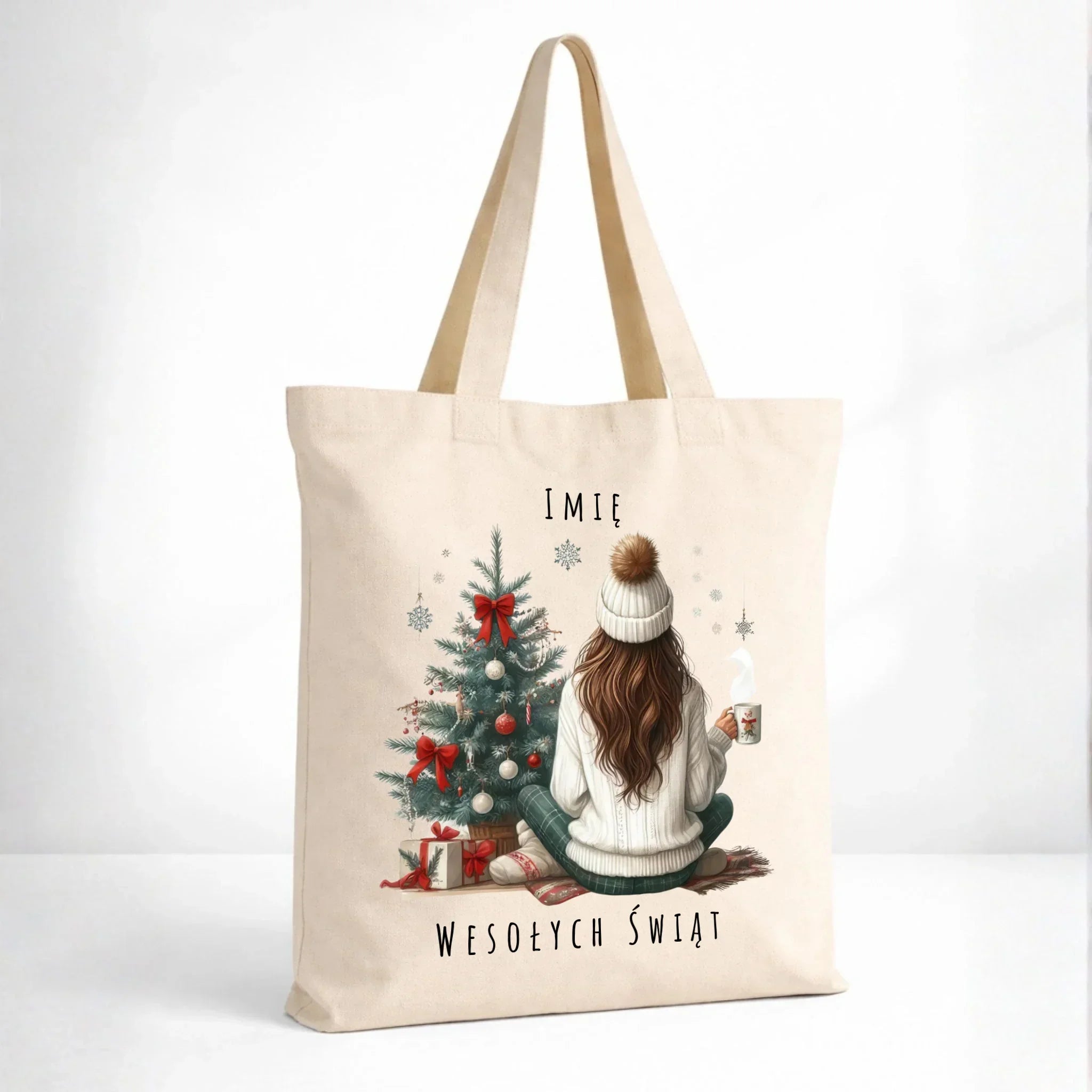 Torba świąteczna - Dziewczyna przy choince - personalizowana BN15 - StoryCups.pl