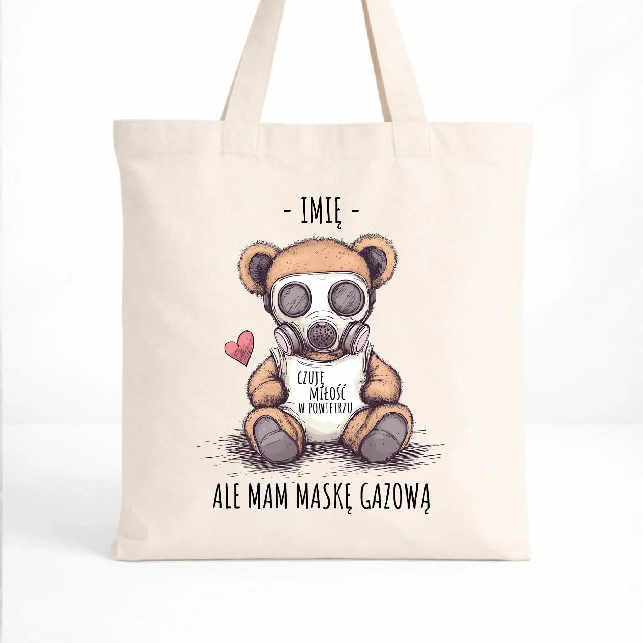 Torba - Miś w masce gazowej - Czuję miłość w powietrzu - personalizowana W38 - StoryCups.pl