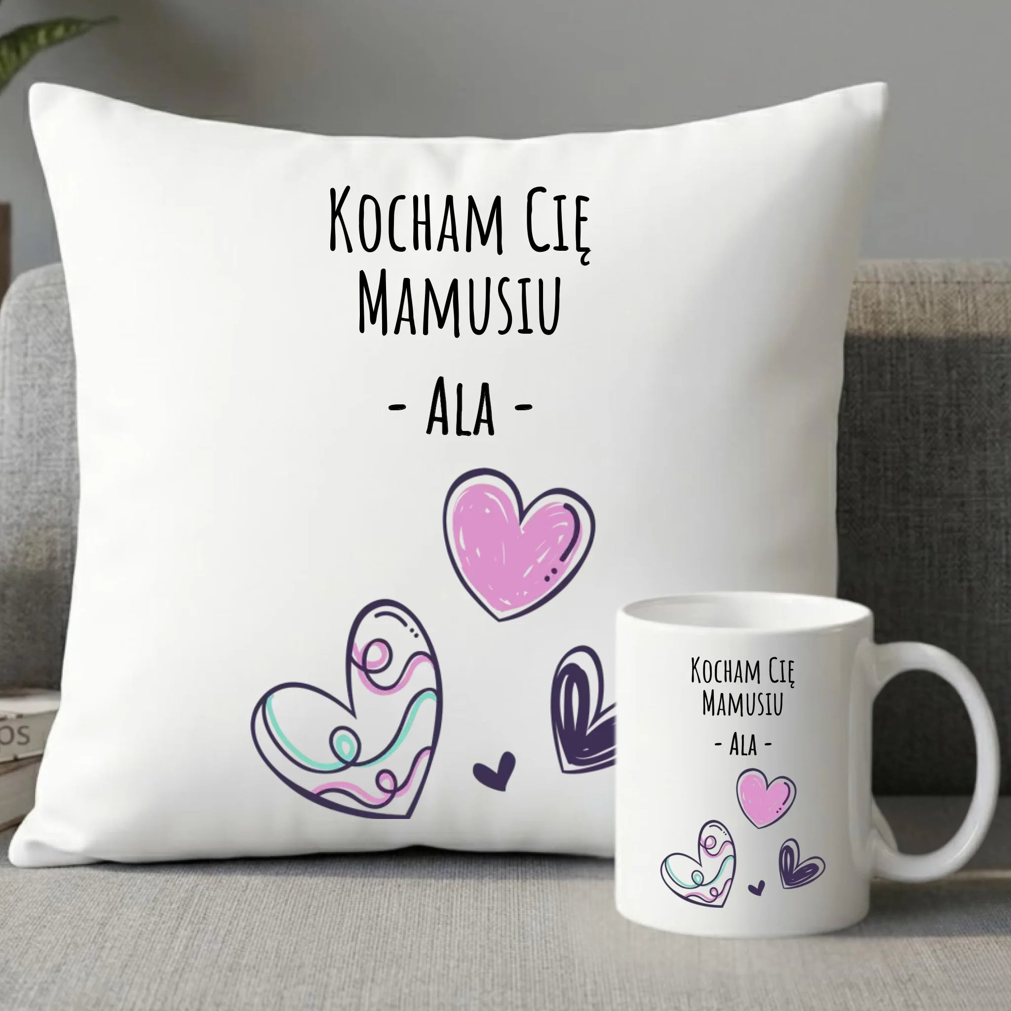 Zestaw poduszka i kubek dla mamy - Kocham Cię Mamusiu - personalizowany DM05 - StoryCups.pl