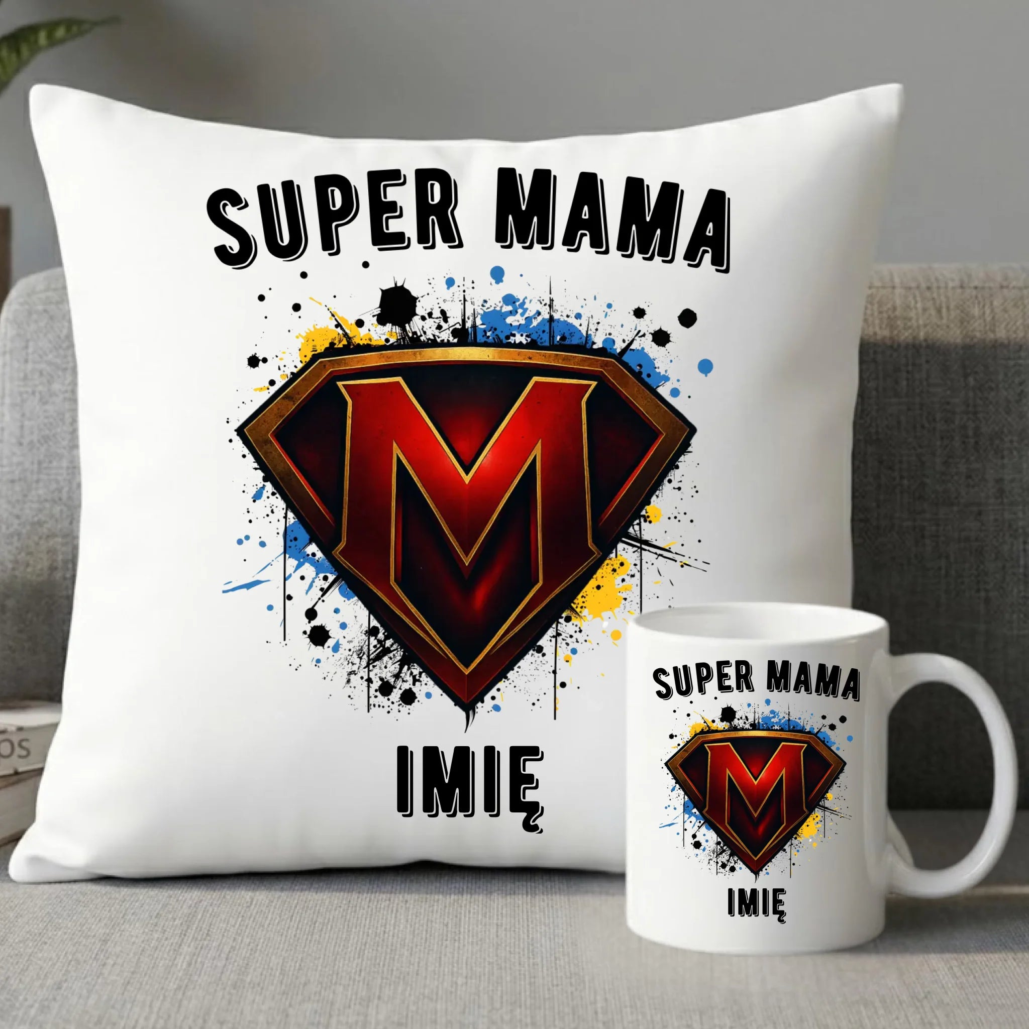 Zestaw poduszka i kubek dla mamy - Super Mama - personalizowany DM07 - StoryCups.pl